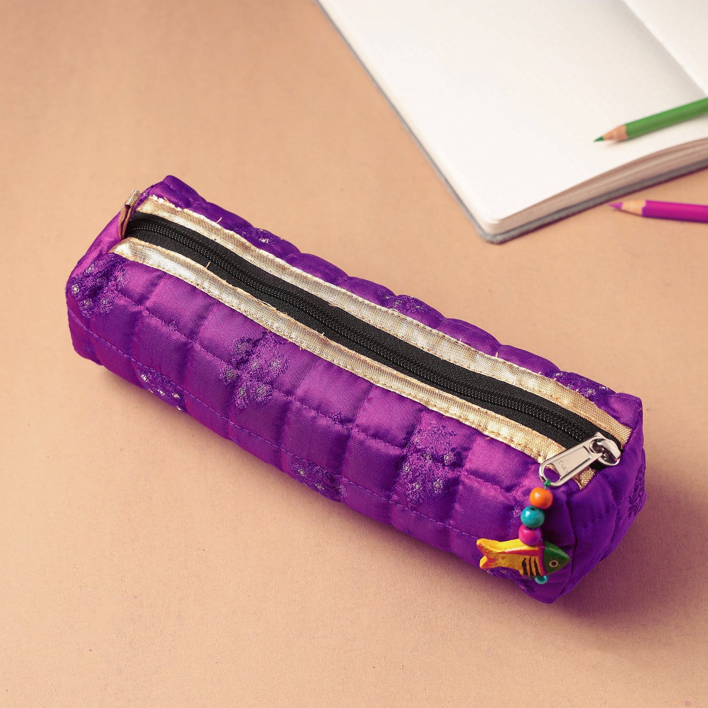 Handcrafted Quilted Banarasi Pencil Pouch