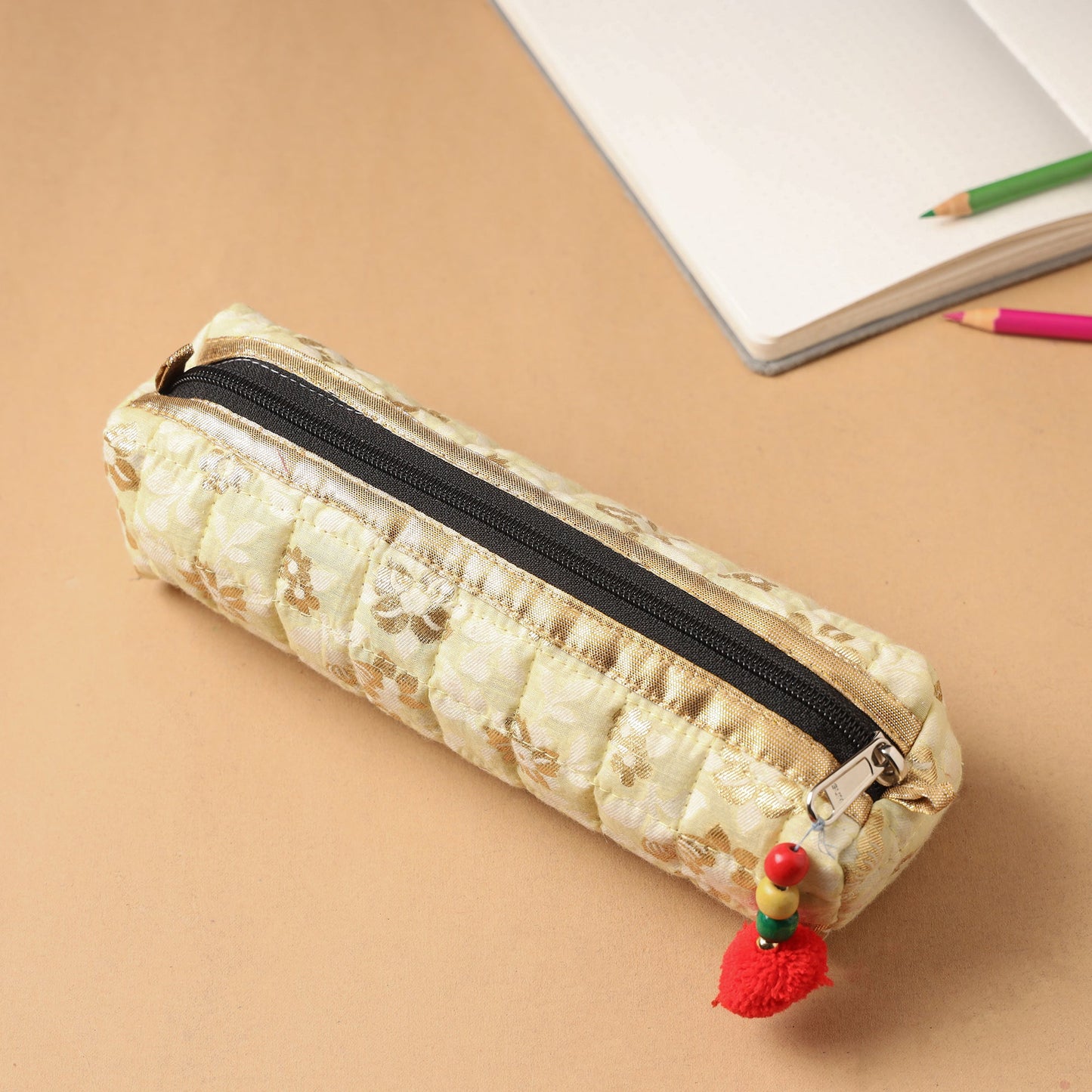 Handcrafted Quilted Banarasi Pencil Pouch
