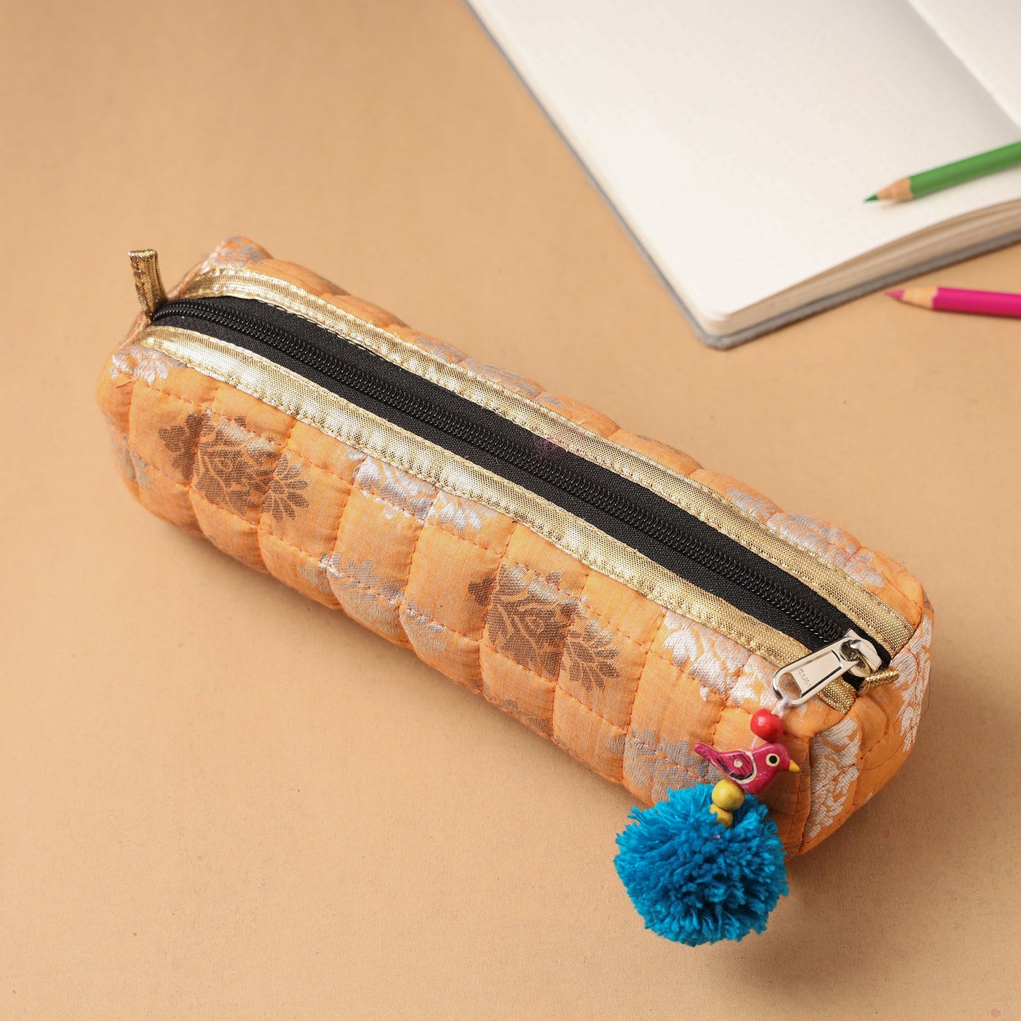 Handcrafted Quilted Banarasi Pencil Pouch