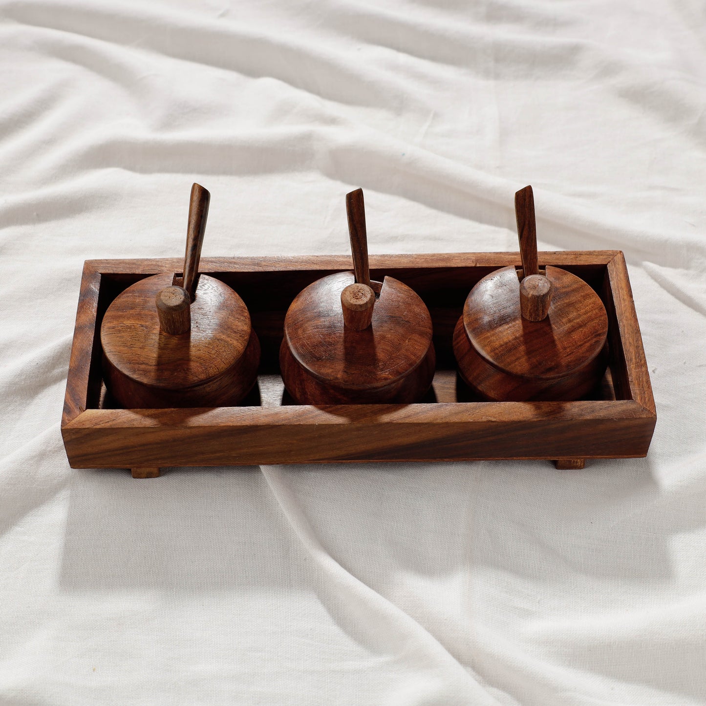 Handcrafted Sheesham Wooden Jar Set with Tray & Spoon Online at iTokri.com