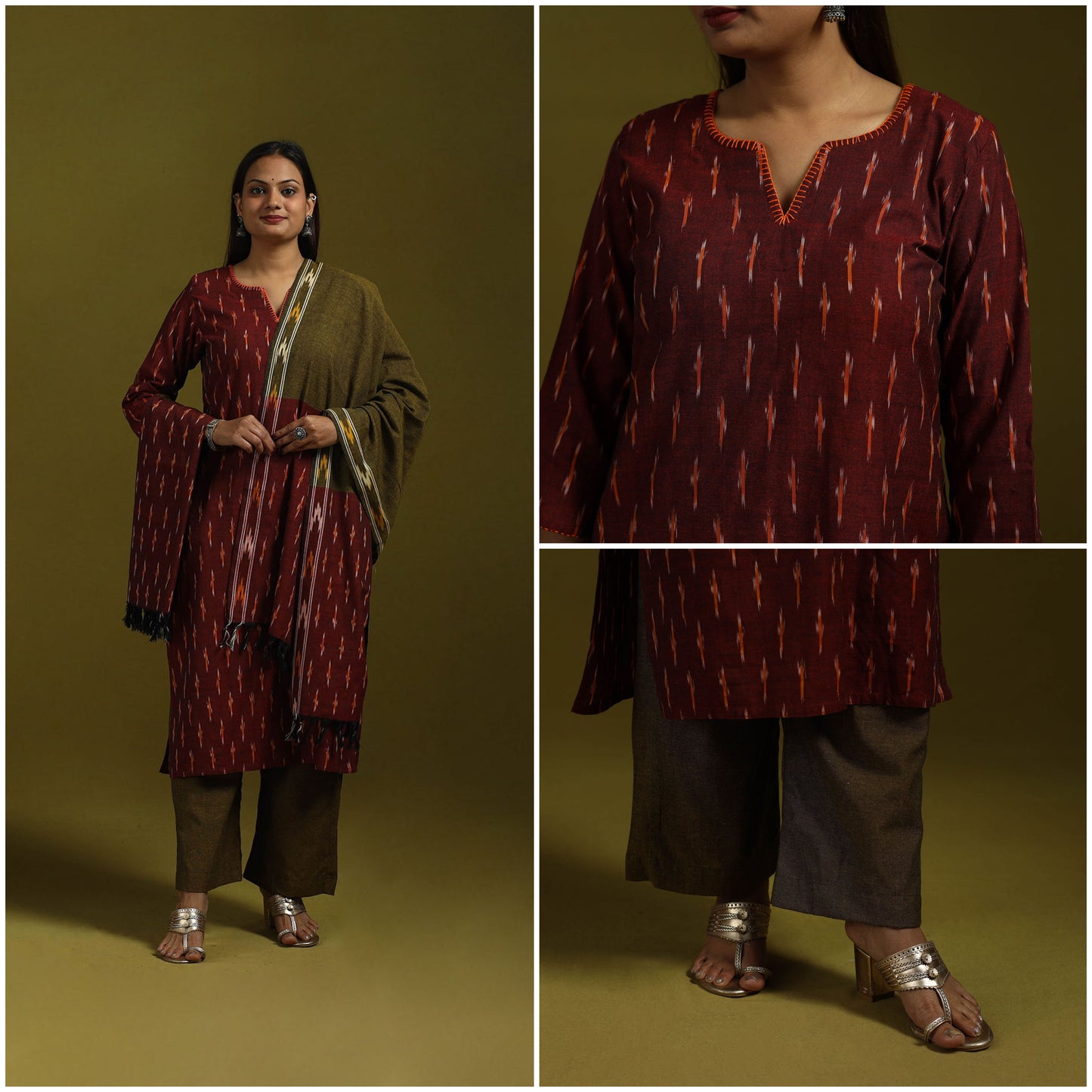 Handloom cotton embroidered pochampally ikat 3pc kurta set