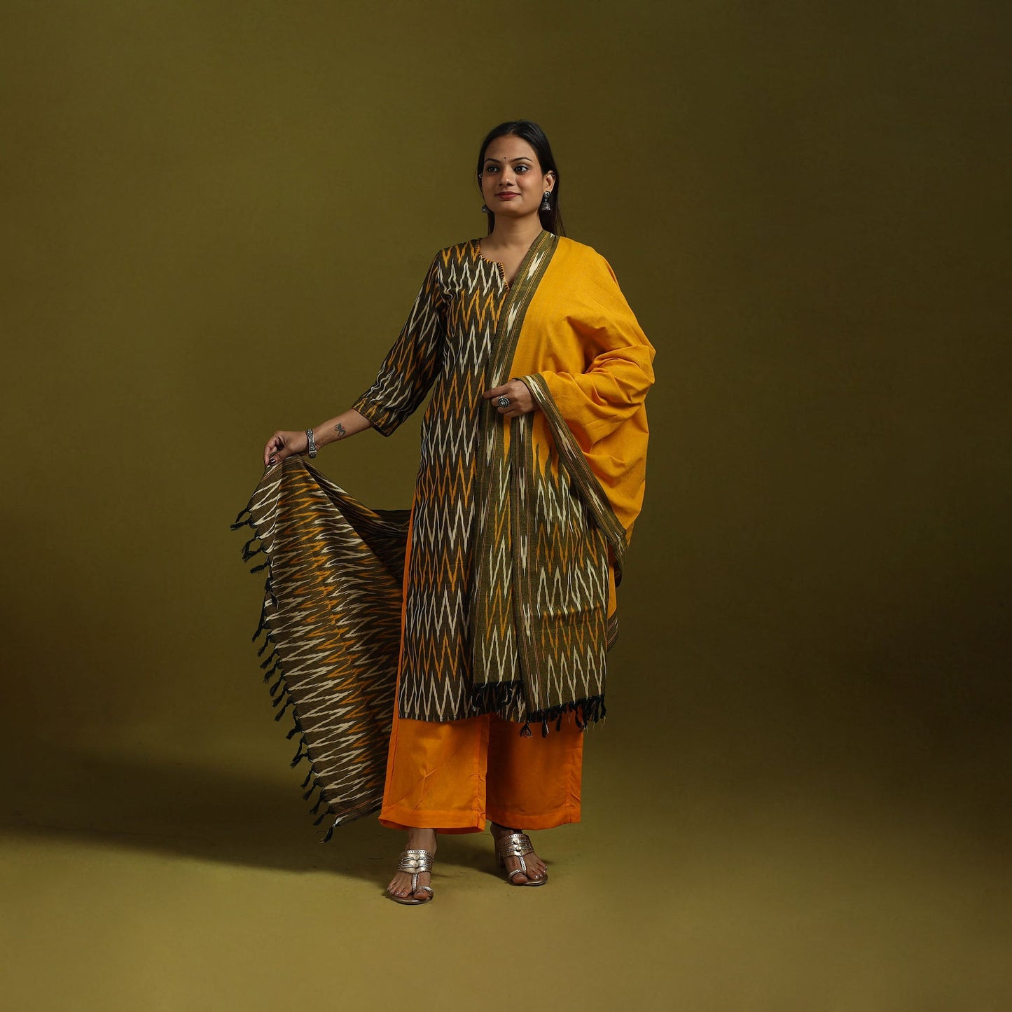 Handloom cotton embroidered pochampally ikat 3pc kurta set