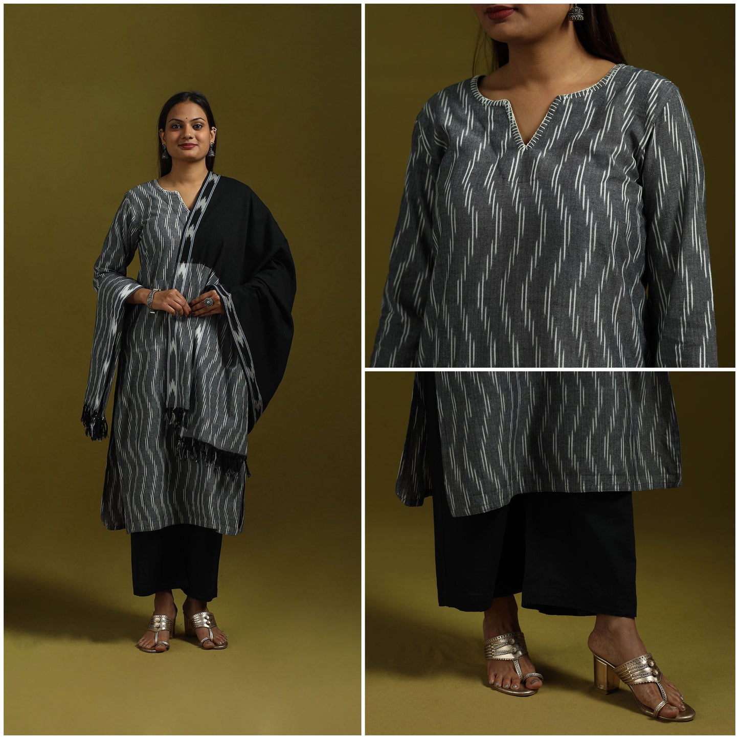 Handloom cotton embroidered pochampally ikat 3pc kurta set