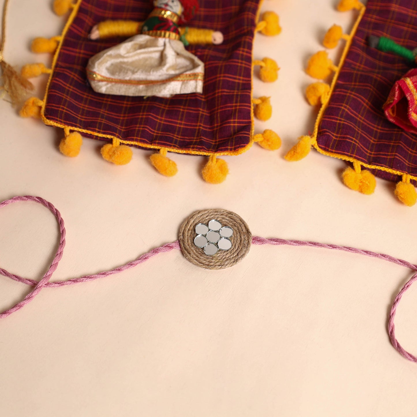 Handmade Bead & Mirror Work Jute Rakhi (Set of 2)