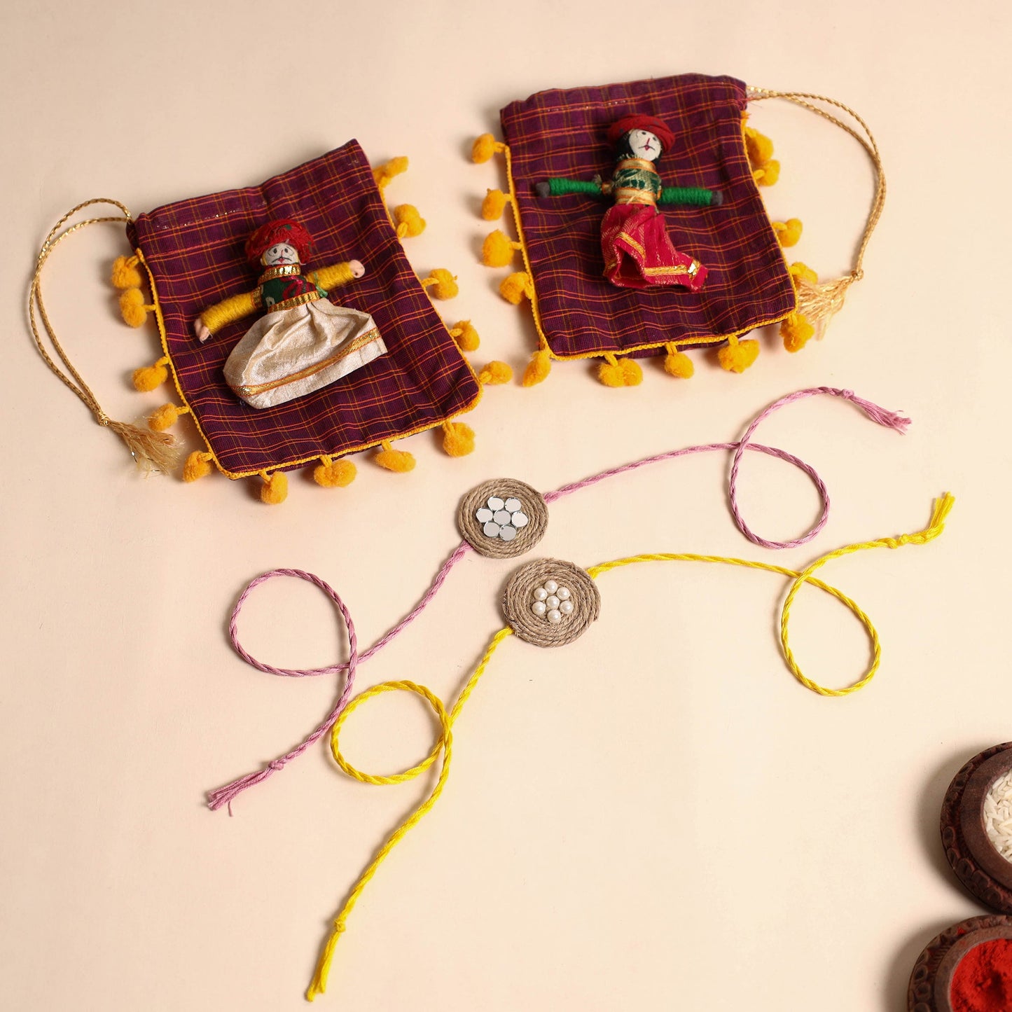 Handmade Bead & Mirror Work Jute Rakhi (Set of 2)
