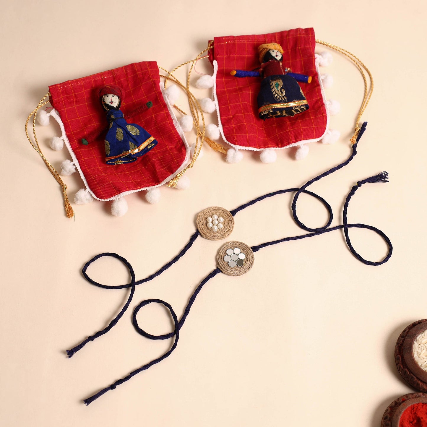 Handmade Bead & Mirror Work Jute Rakhi (Set of 2)