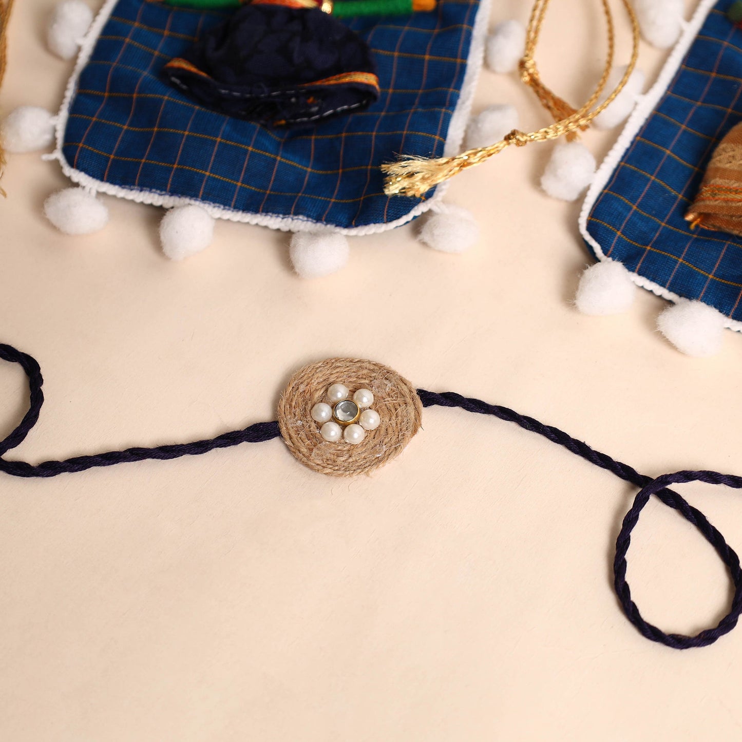Handmade Bead & Mirror Work Jute Rakhi (Set of 2)