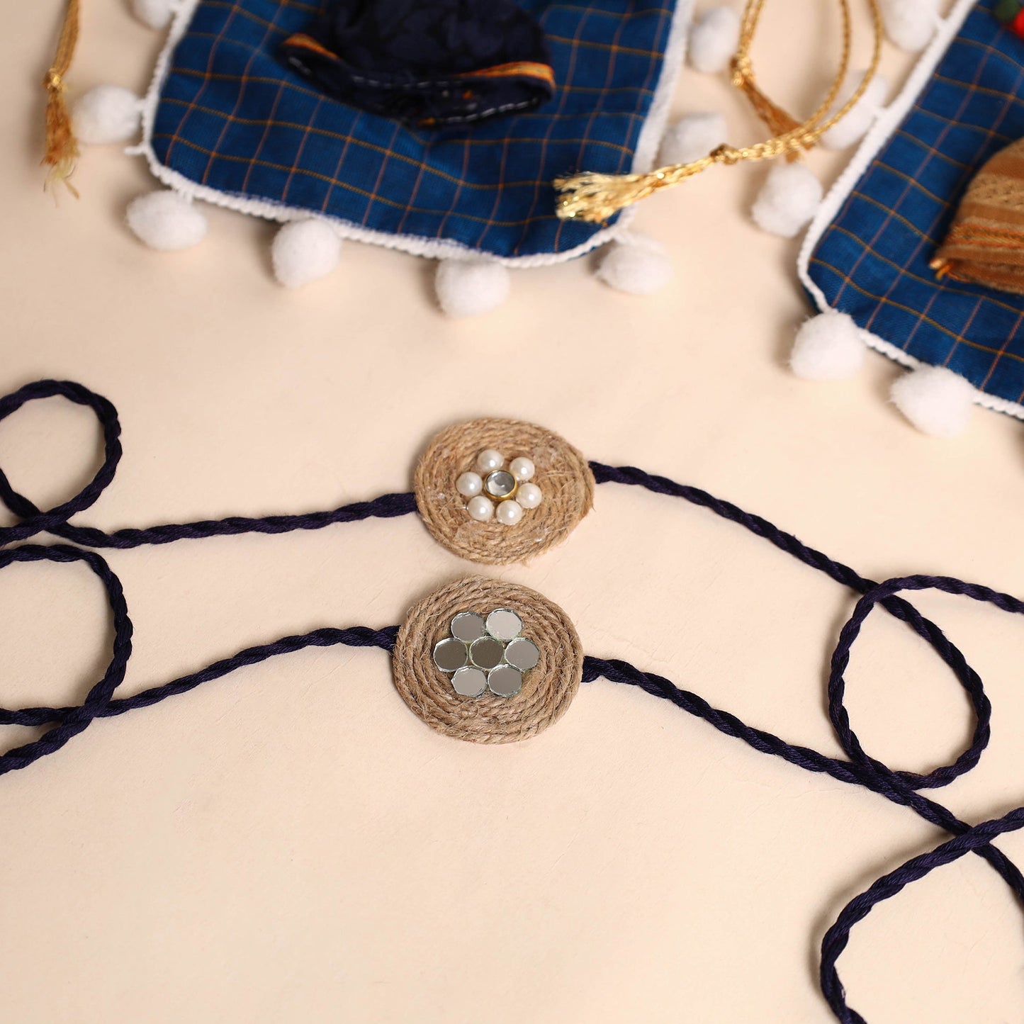 Handmade Bead & Mirror Work Jute Rakhi (Set of 2)