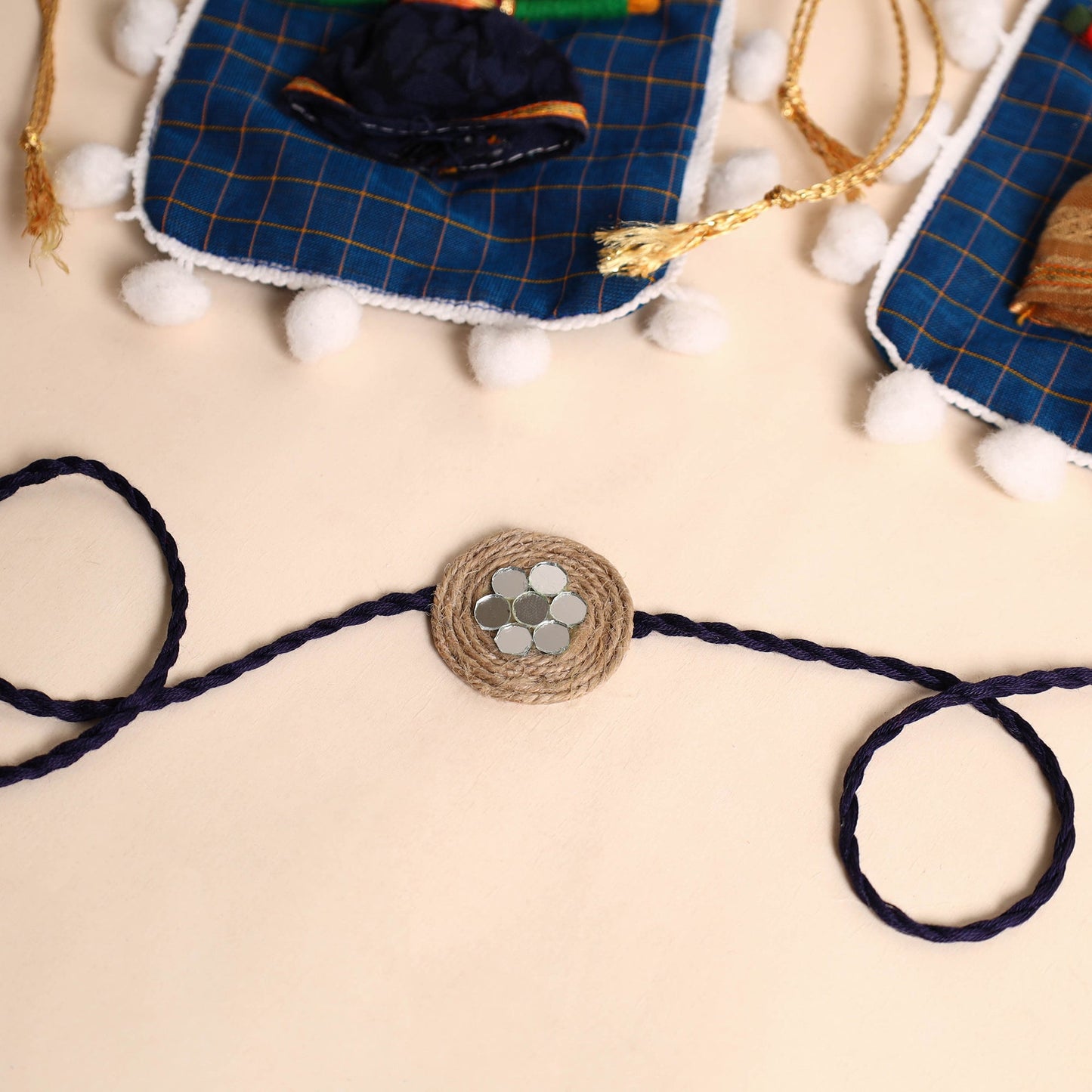 Handmade Bead & Mirror Work Jute Rakhi (Set of 2)