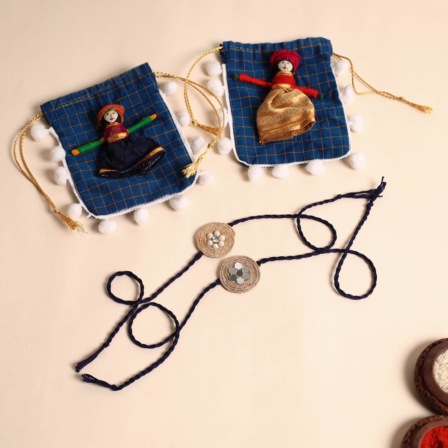 Handmade Bead & Mirror Work Jute Rakhi (Set of 2)