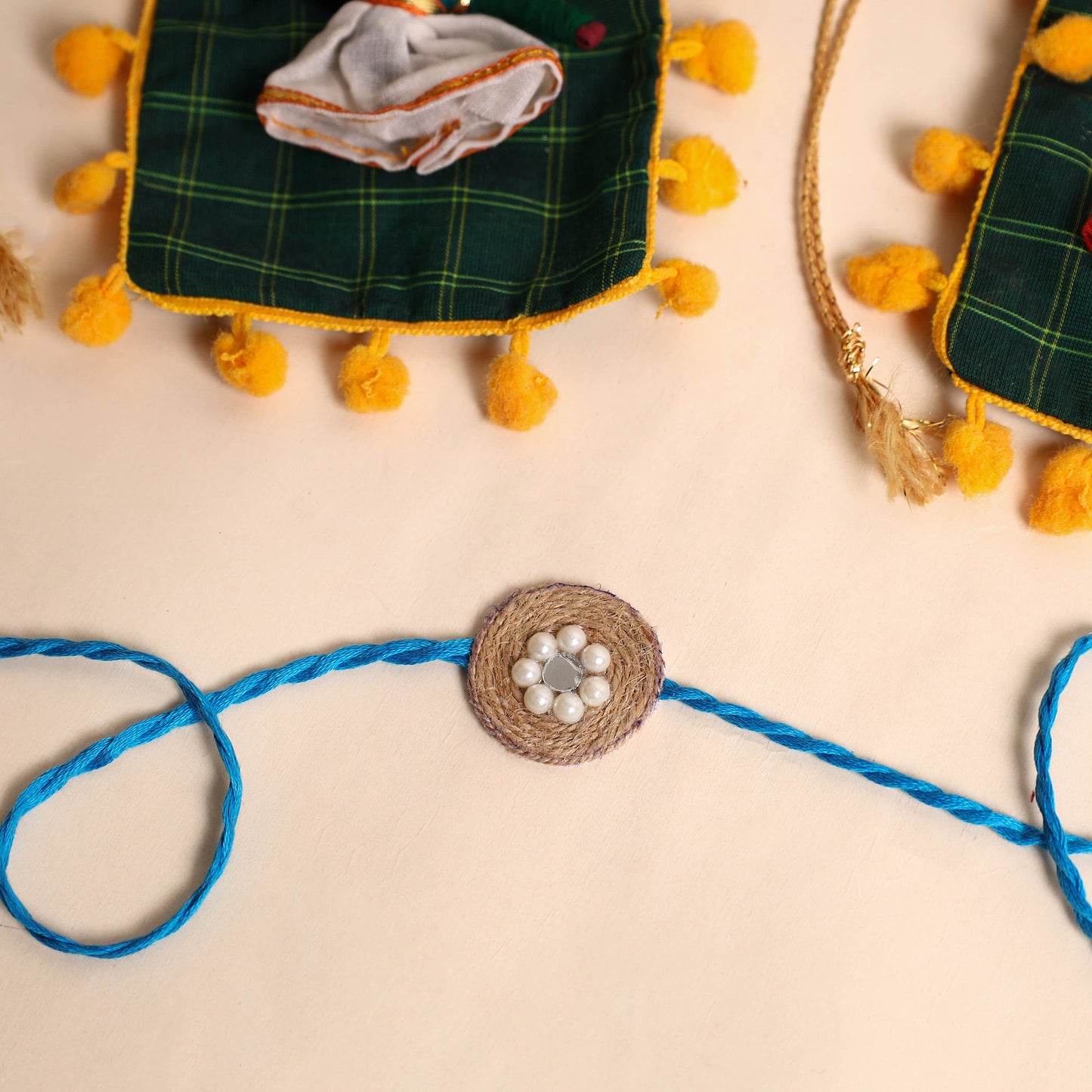 Handmade Bead & Mirror Work Jute Rakhi (Set of 2)