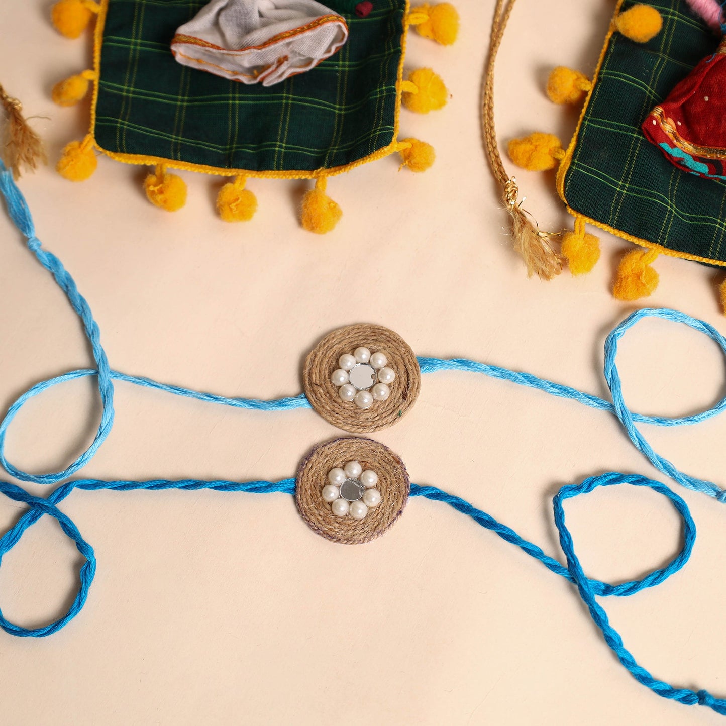 Handmade Bead & Mirror Work Jute Rakhi (Set of 2)