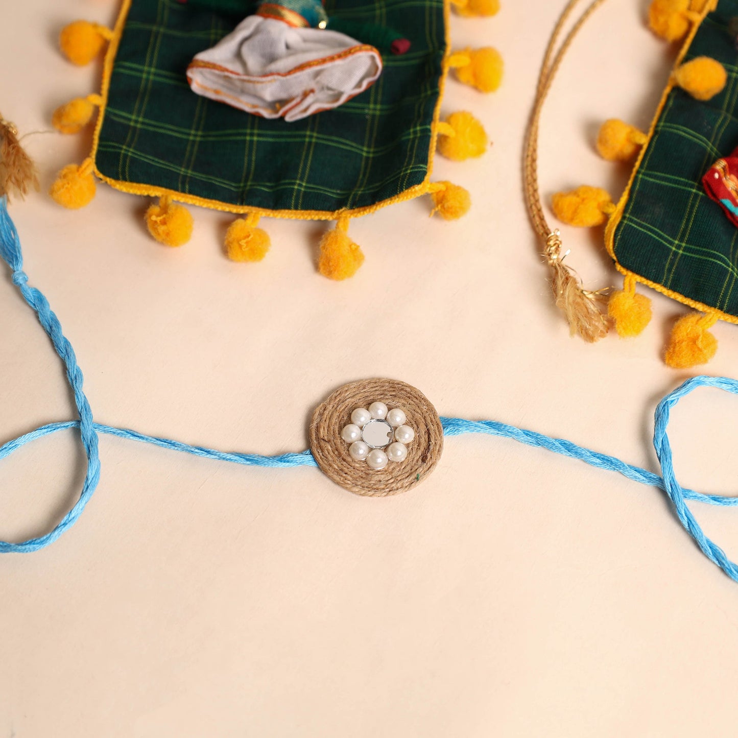 Handmade Bead & Mirror Work Jute Rakhi (Set of 2)