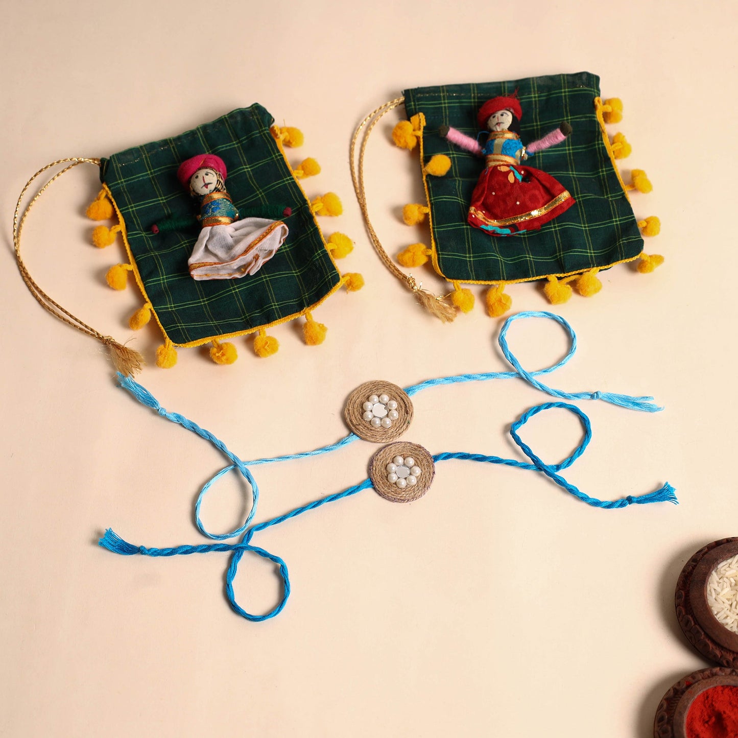 Handmade Bead & Mirror Work Jute Rakhi (Set of 2)