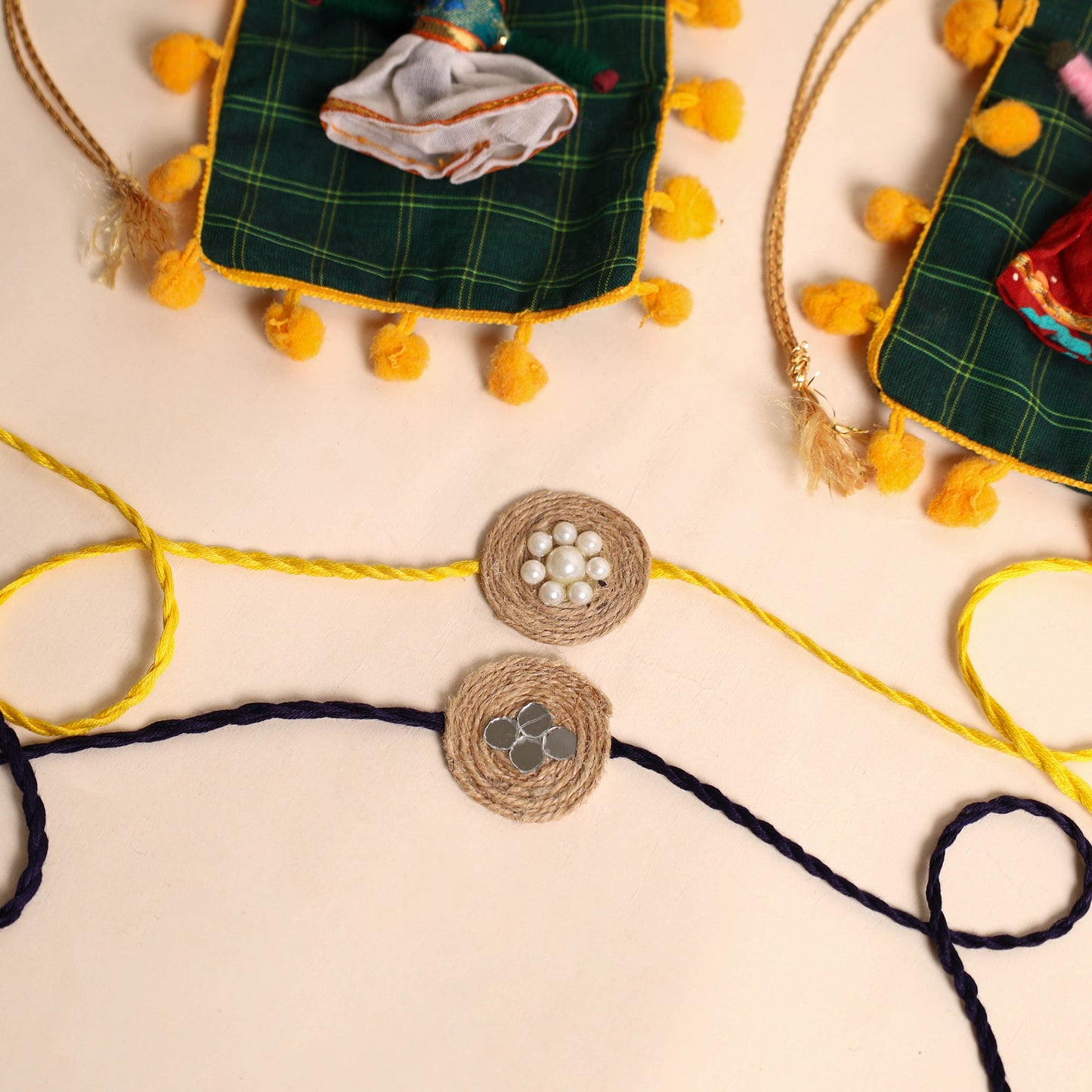 Handmade Bead & Mirror Work Jute Rakhi (Set of 2)