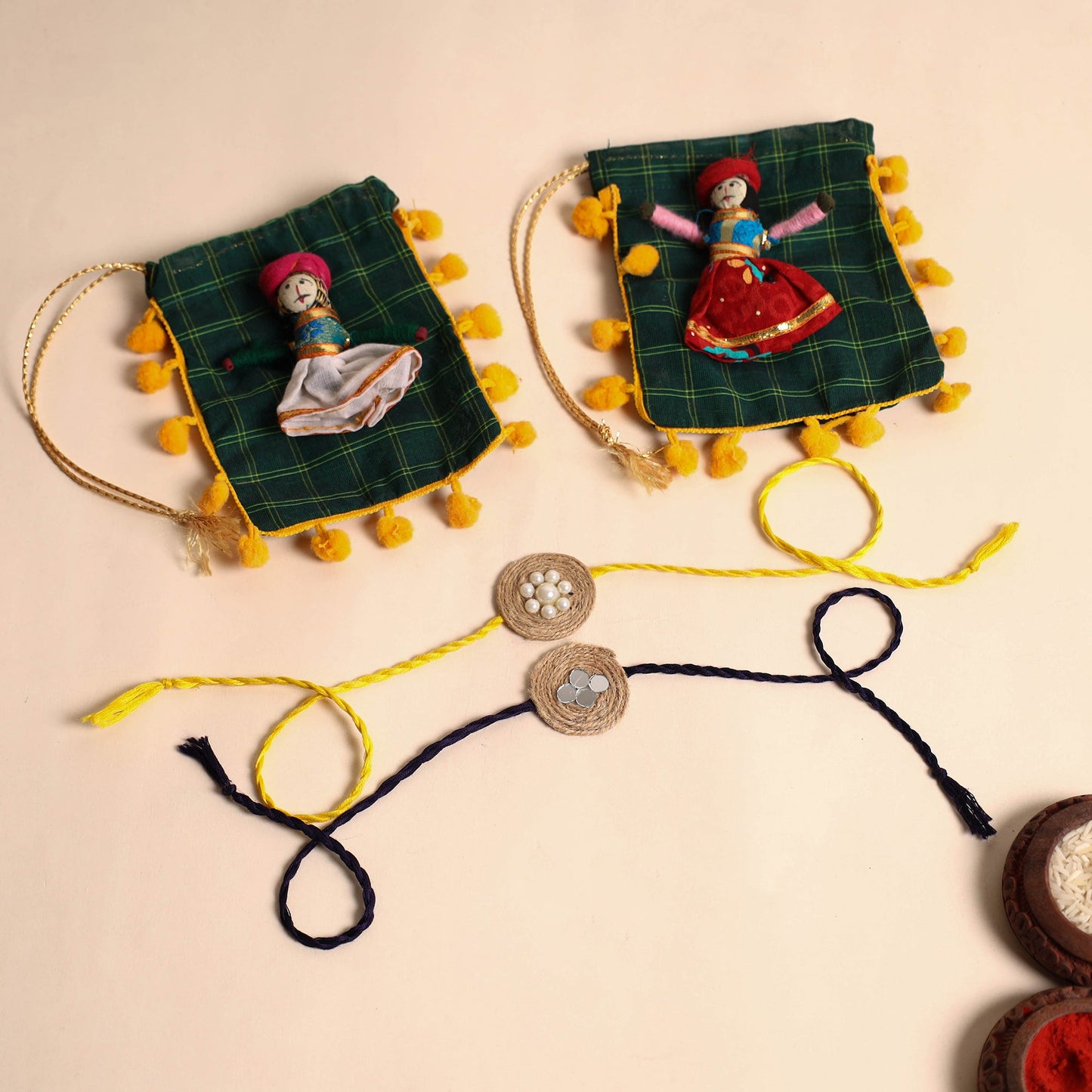 Handmade Bead & Mirror Work Jute Rakhi (Set of 2)