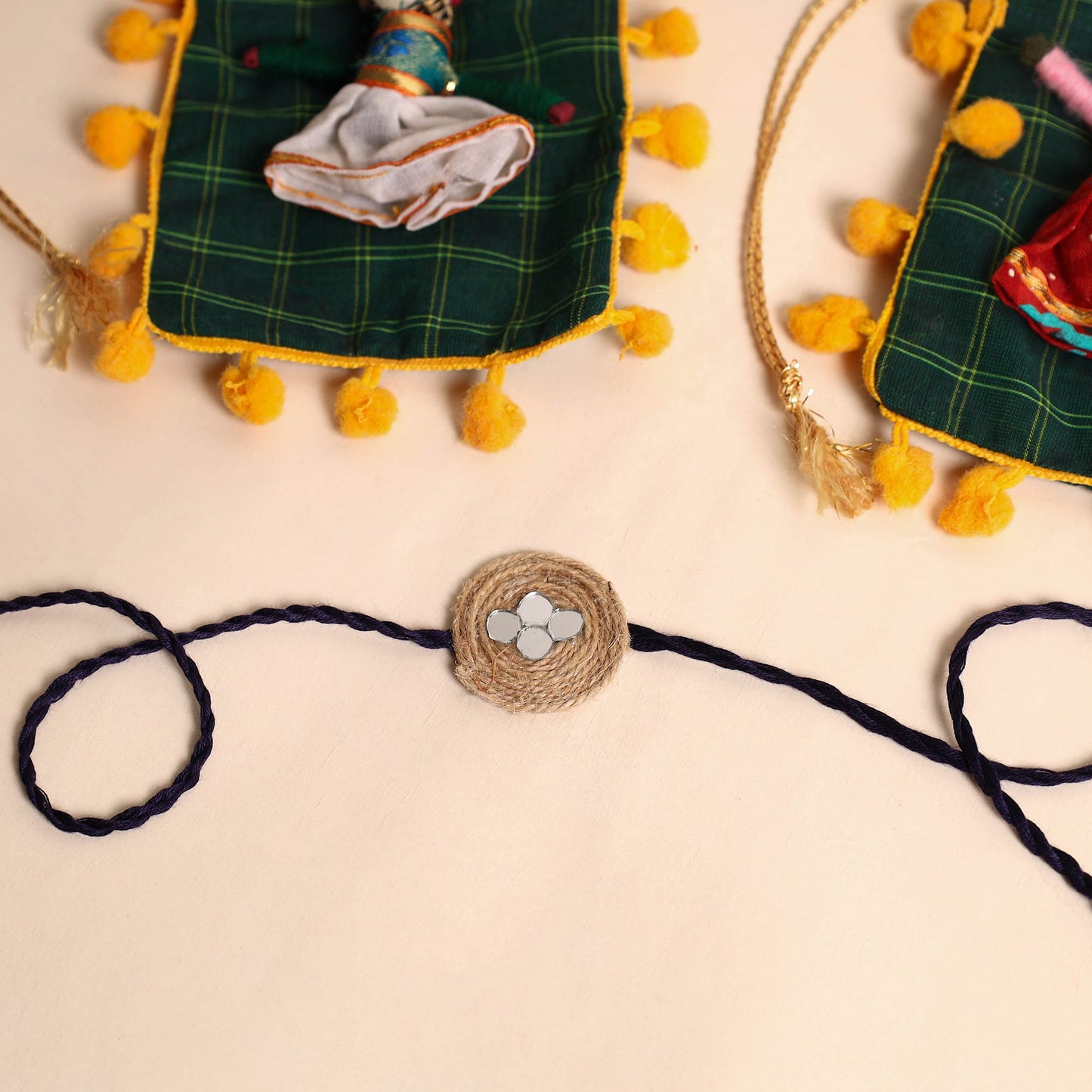 Handmade Bead & Mirror Work Jute Rakhi (Set of 2)