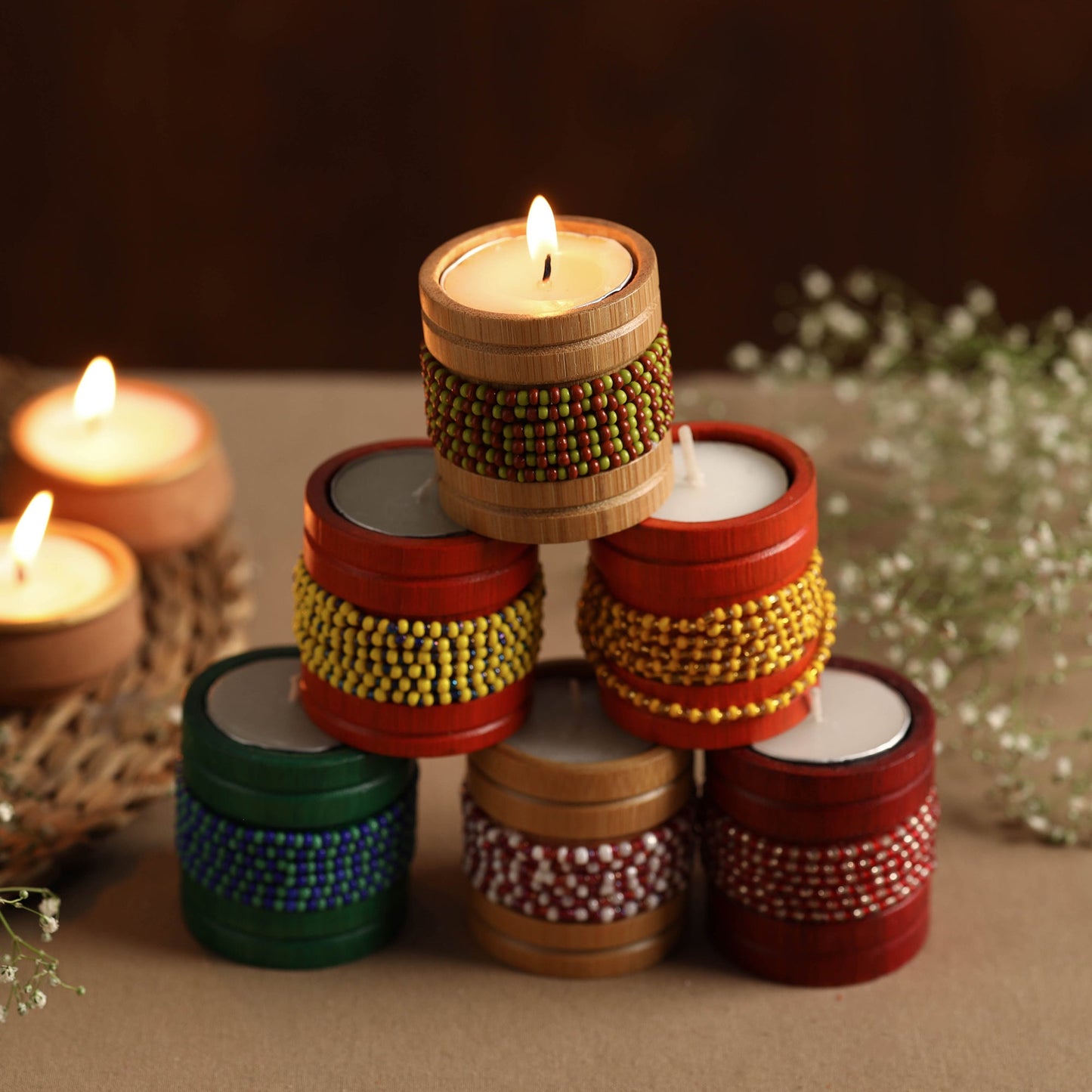 Handmade Bead Work Natural Bamboo Tealight Candle Holder (Set of 6) Online in India