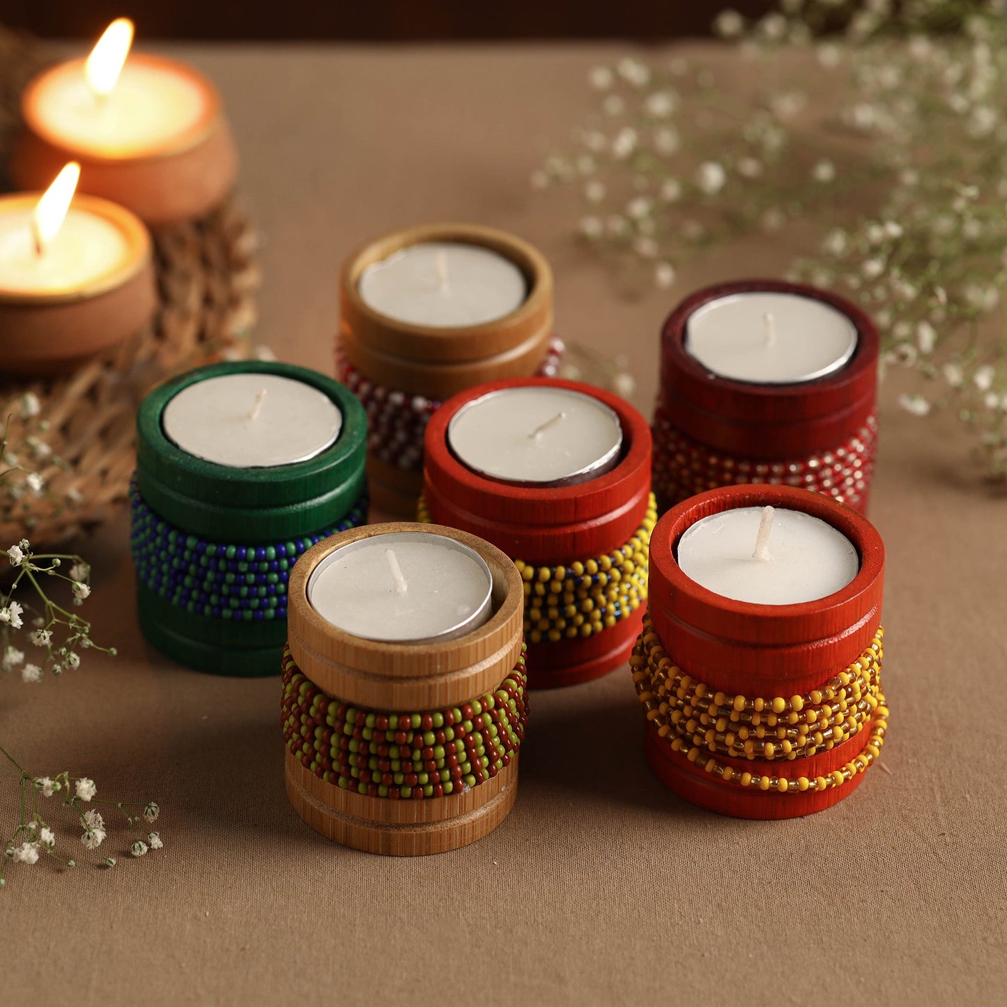 Handmade Bead Work Natural Bamboo Tealight Candle Holder (Set of 6) Online in India