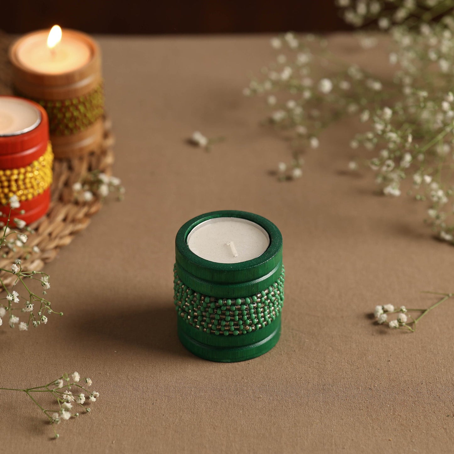 Handmade Bead Work Natural Bamboo Tealight Candle Holder Online in India l iTokri.com