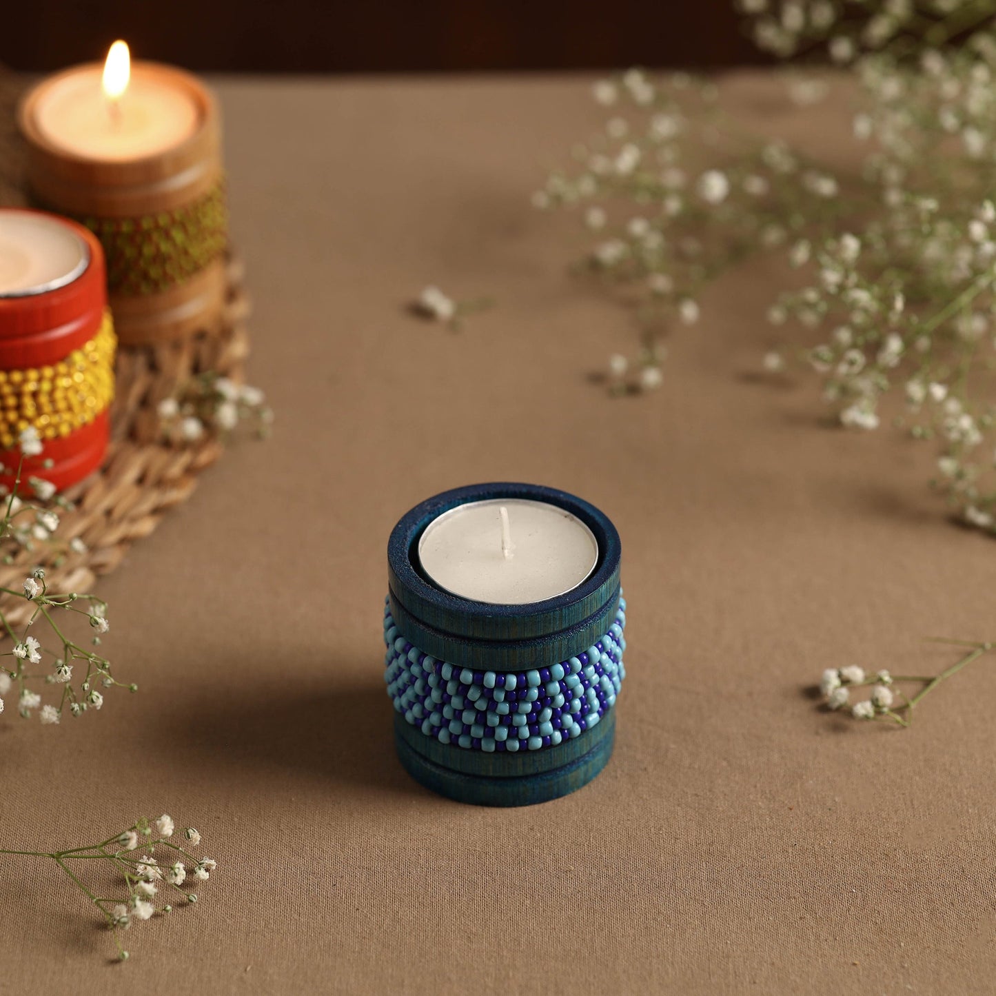 Handmade Bead Work Natural Bamboo Tealight Candle Holder Online in India l iTokri.com