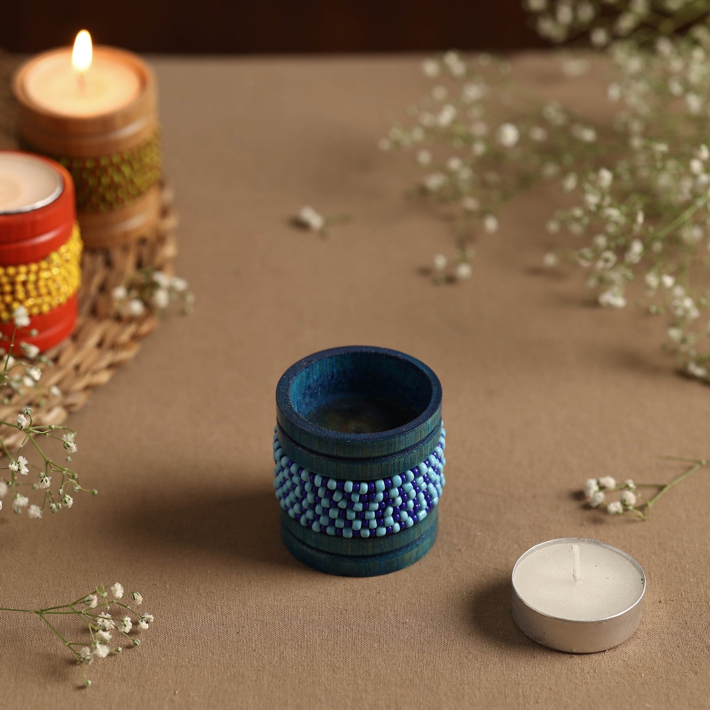Handmade Bead Work Natural Bamboo Tealight Candle Holder Online in India l iTokri.com