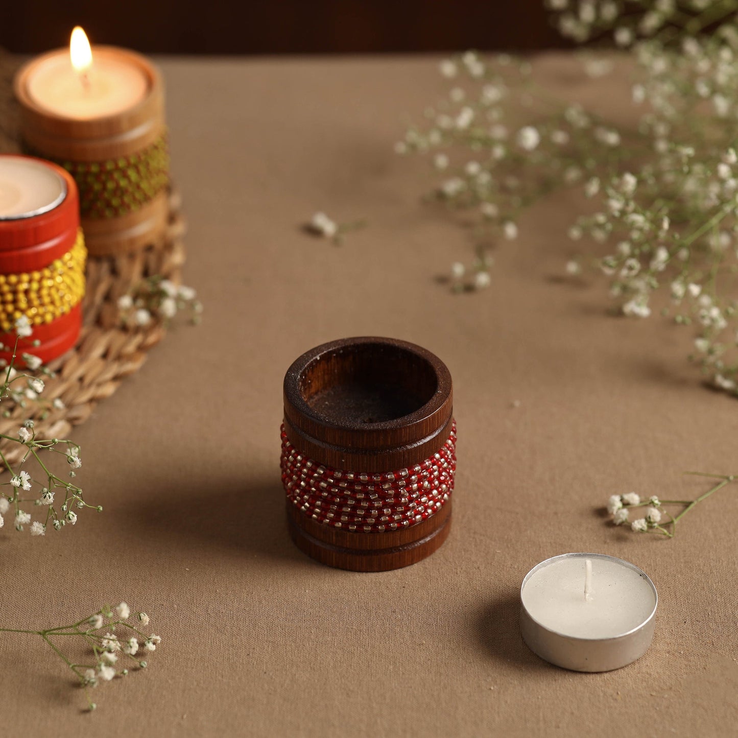 Handmade Bead Work Natural Bamboo Tealight Candle Holder Online in India l iTokri.com