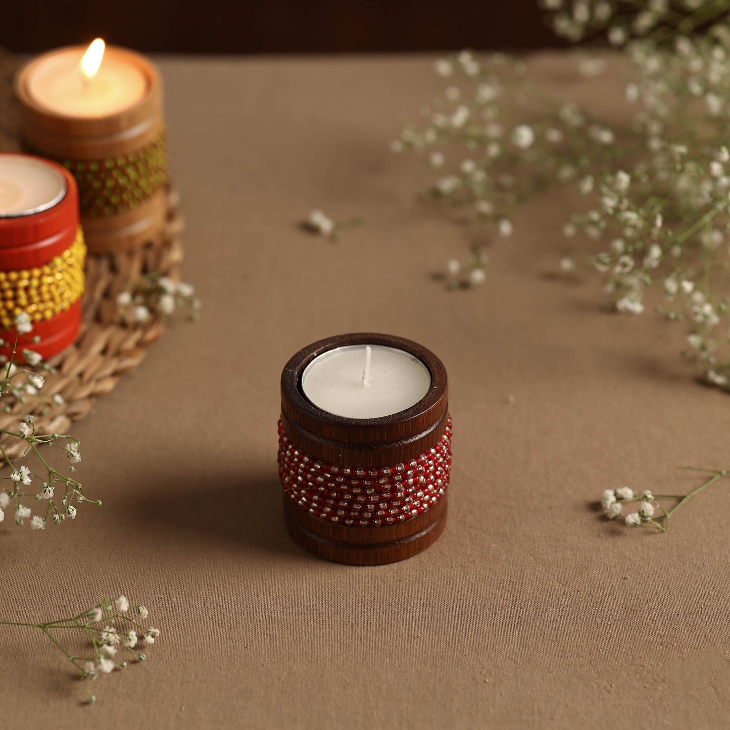 Handmade Bead Work Natural Bamboo Tealight Candle Holder Online in India l iTokri.com