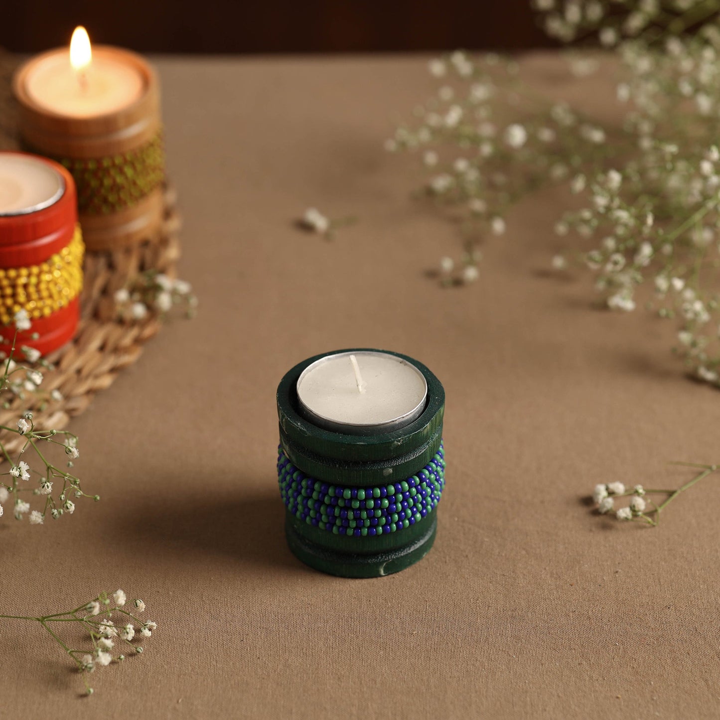 Handmade Bead Work Natural Bamboo Tealight Candle Holder Online in India l iTokri.com