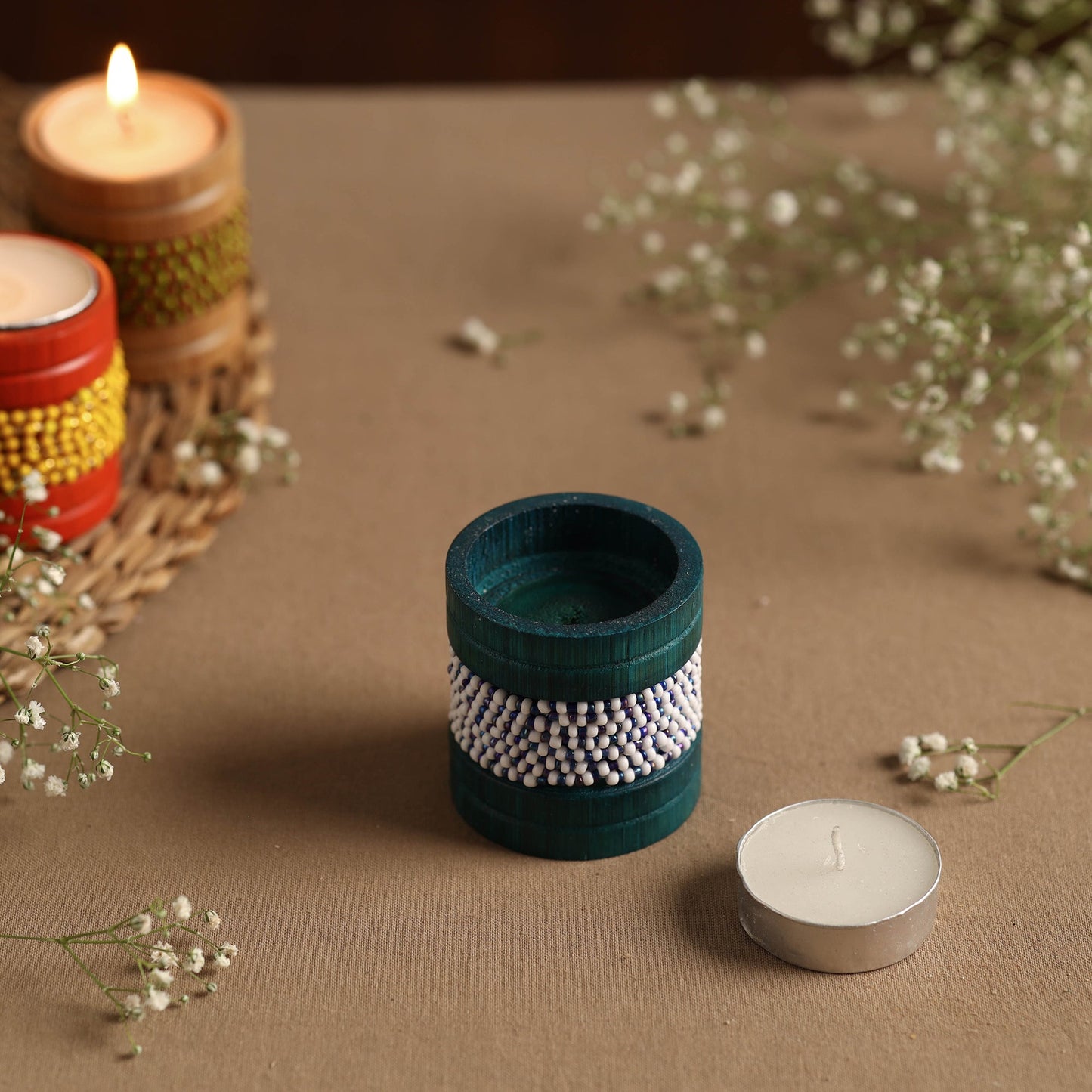 Handmade Bead Work Natural Bamboo Tealight Candle Holder Online in India l iTokri.com
