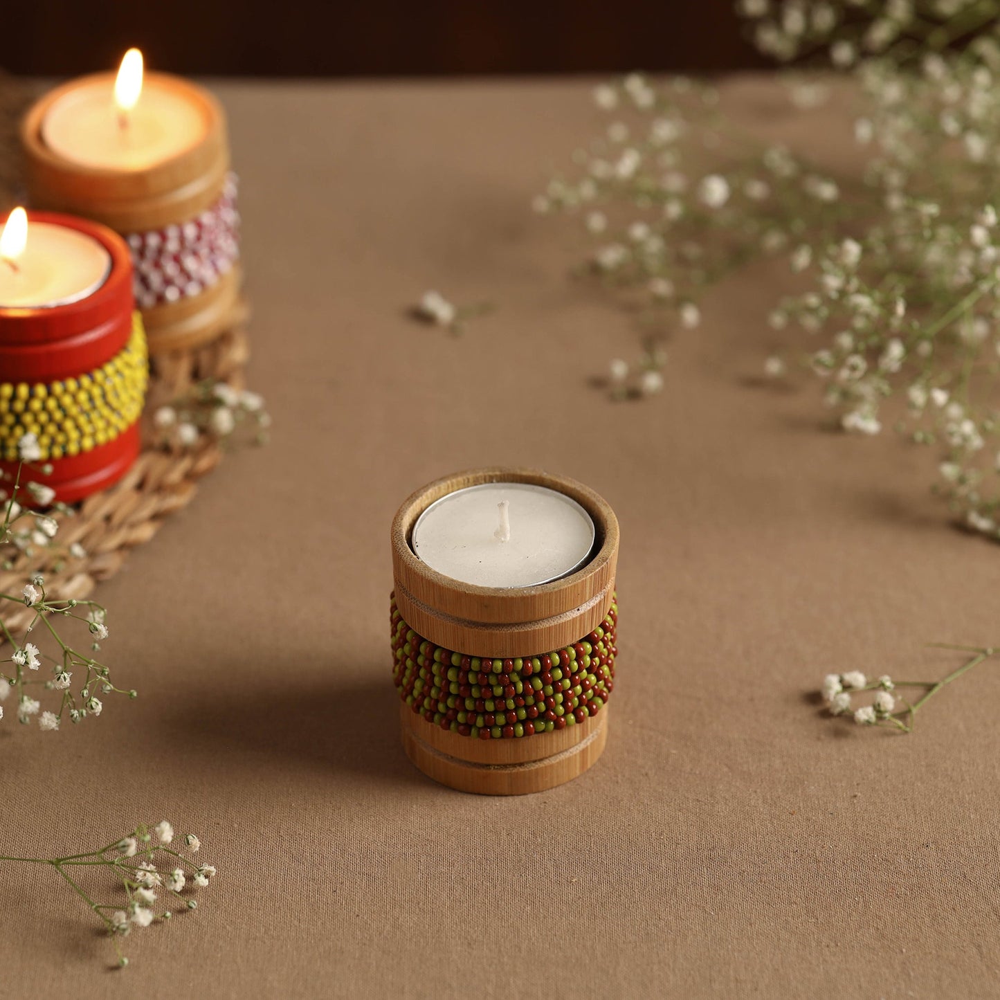 Handmade Bead Work Natural Bamboo Tealight Candle Holder Online in India l iTokri.com