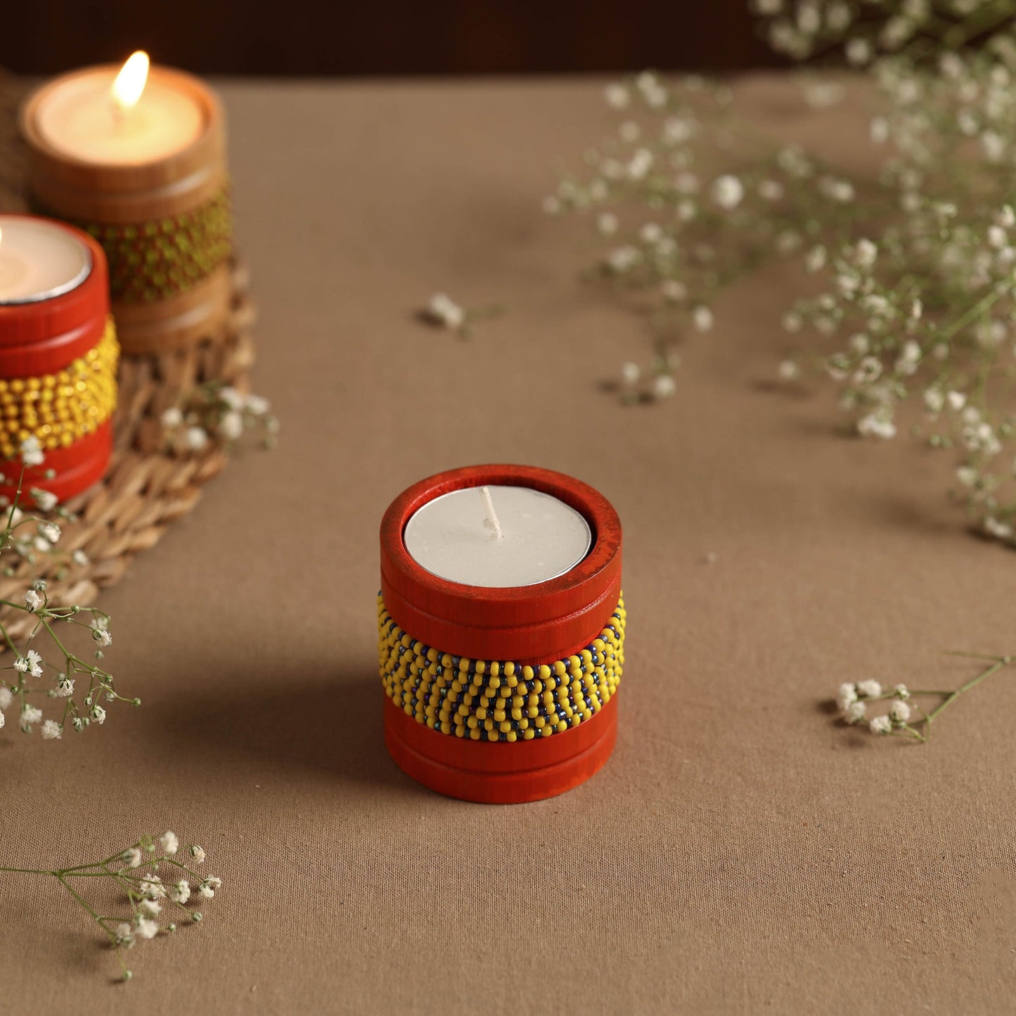 Handmade Bead Work Natural Bamboo Tealight Candle Holder Online in India l iTokri.com