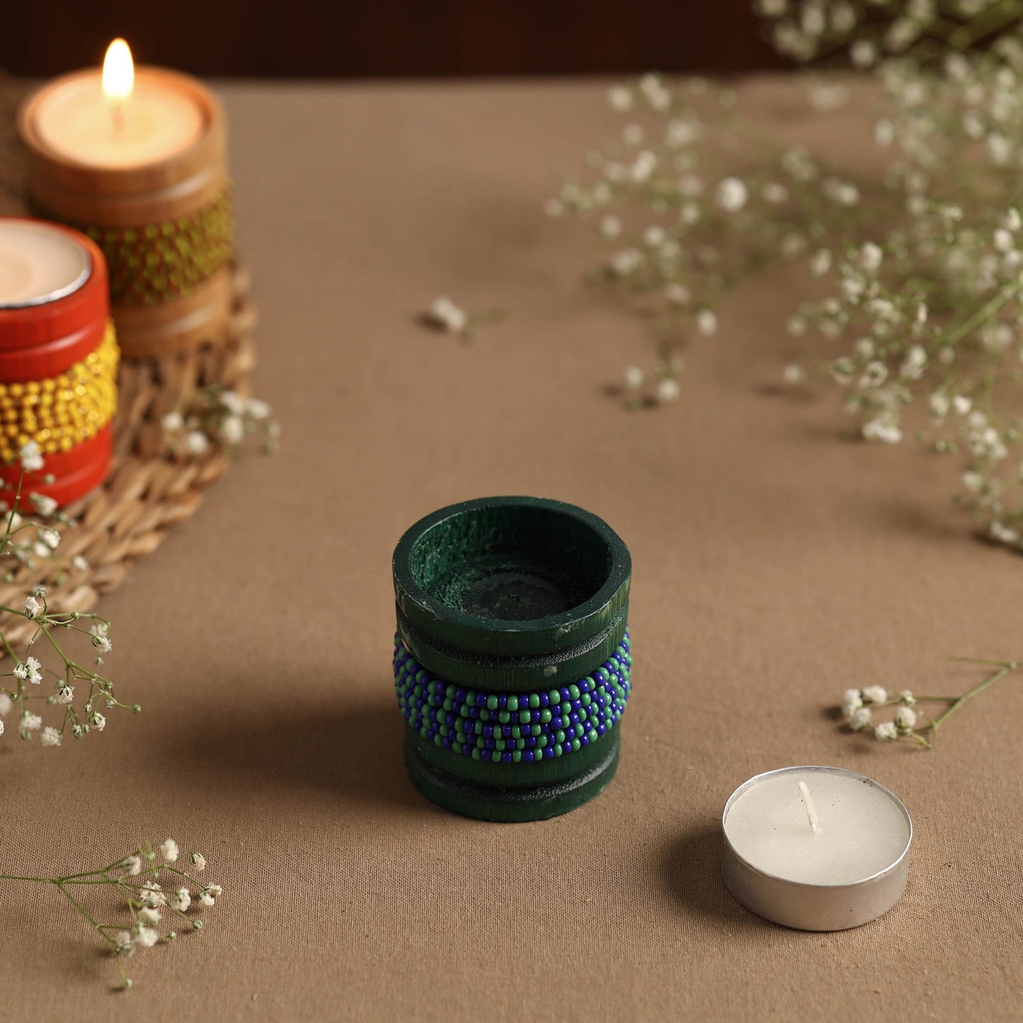 Handmade Bead Work Natural Bamboo Tealight Candle Holder Online in India l iTokri.com