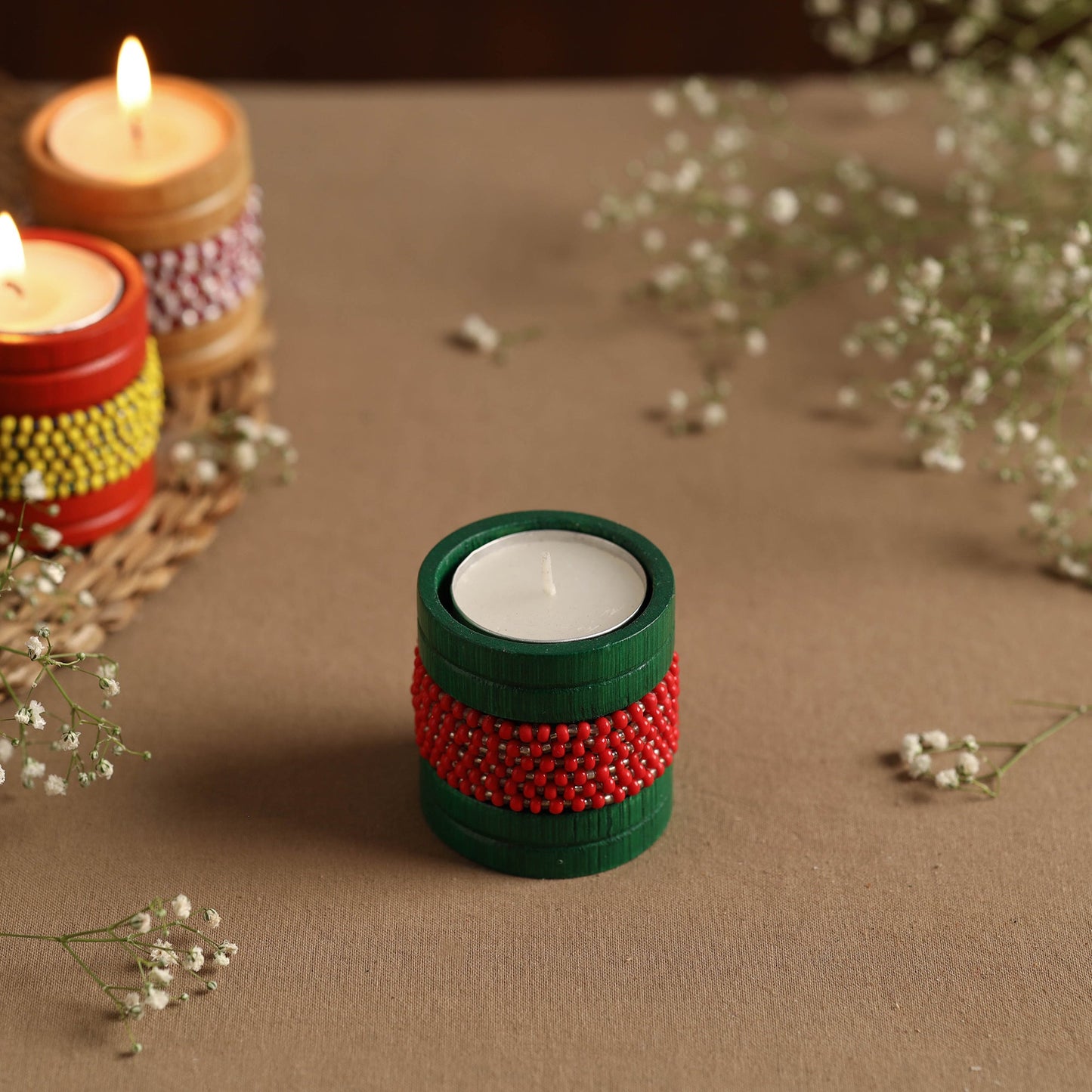 Handmade Bead Work Natural Bamboo Tealight Candle Holder Online in India l iTokri.com