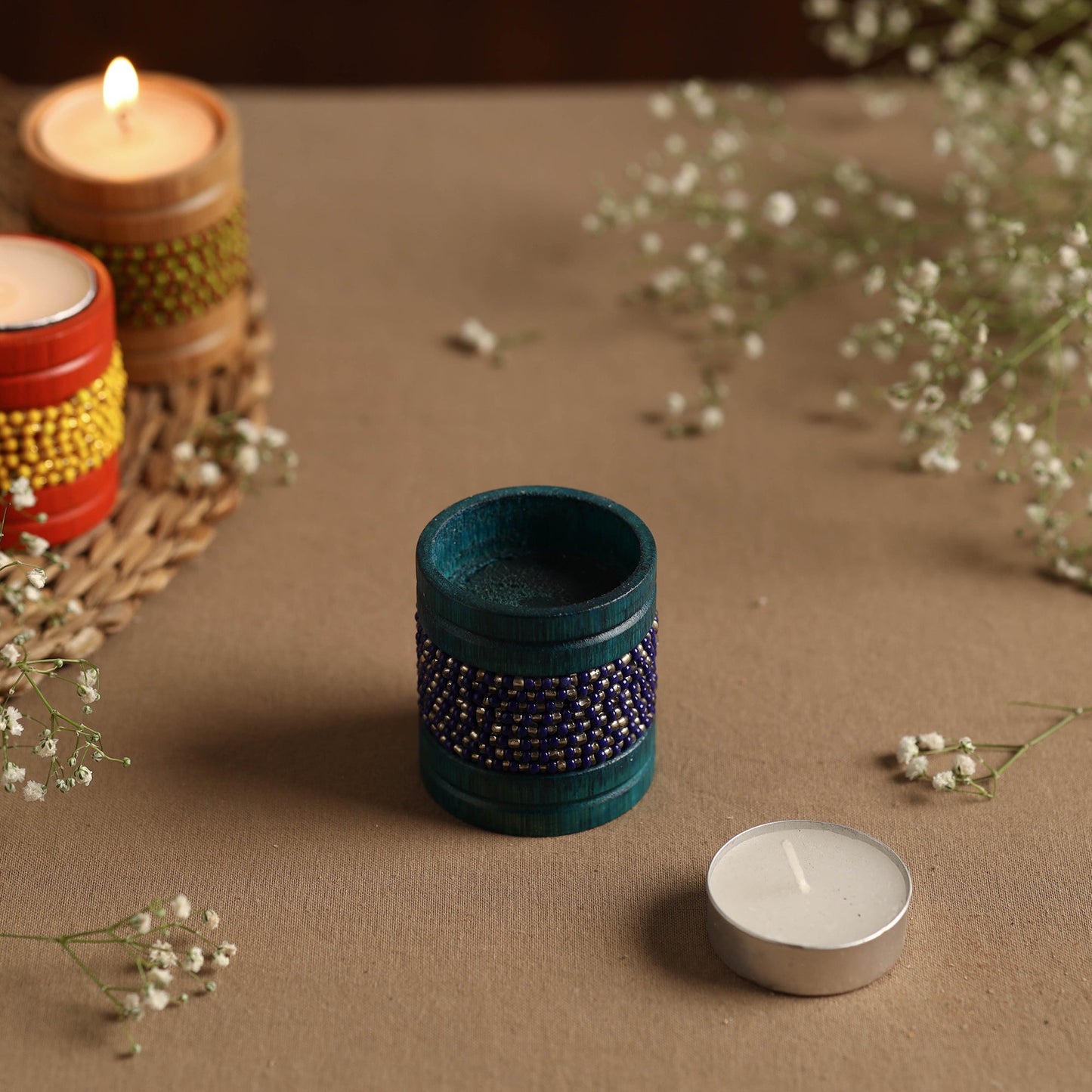 Handmade Bead Work Natural Bamboo Tealight Candle Holder Online in India l iTokri.com