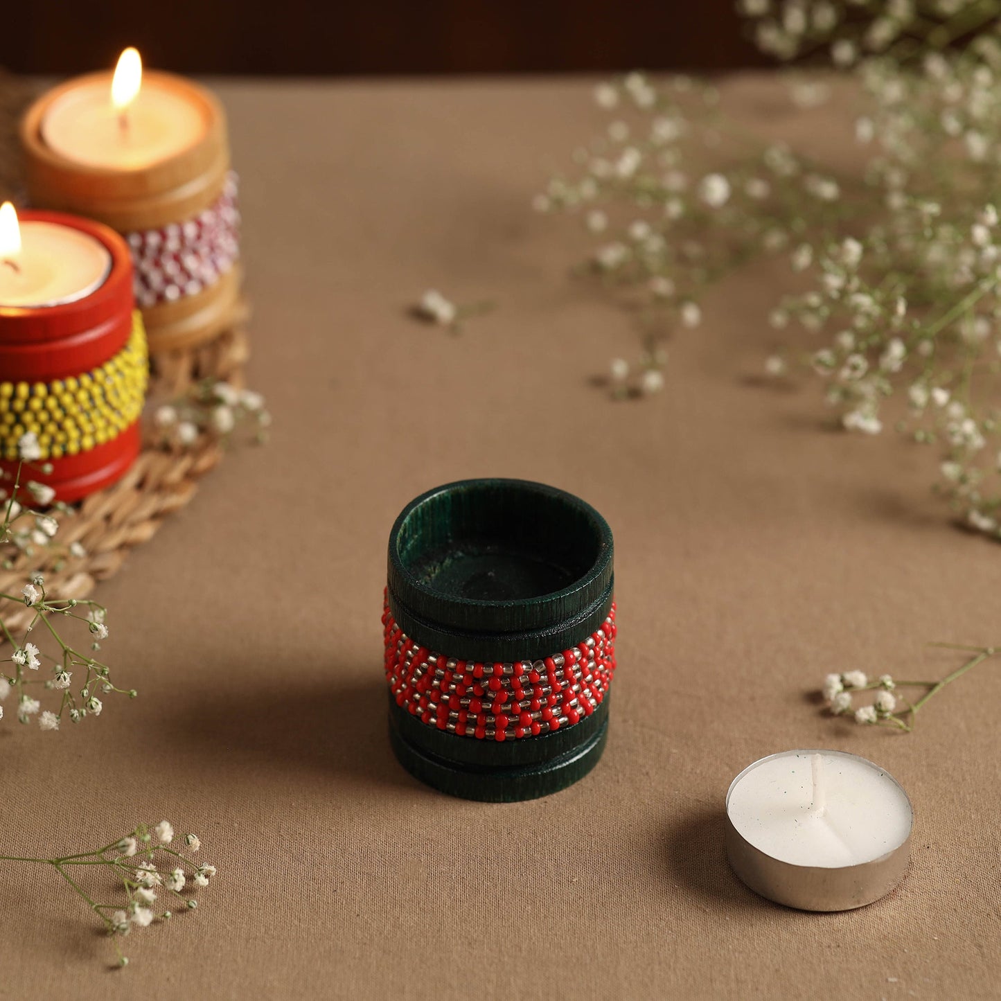 Handmade Bead Work Natural Bamboo Tealight Candle Holder Online in India l iTokri.com