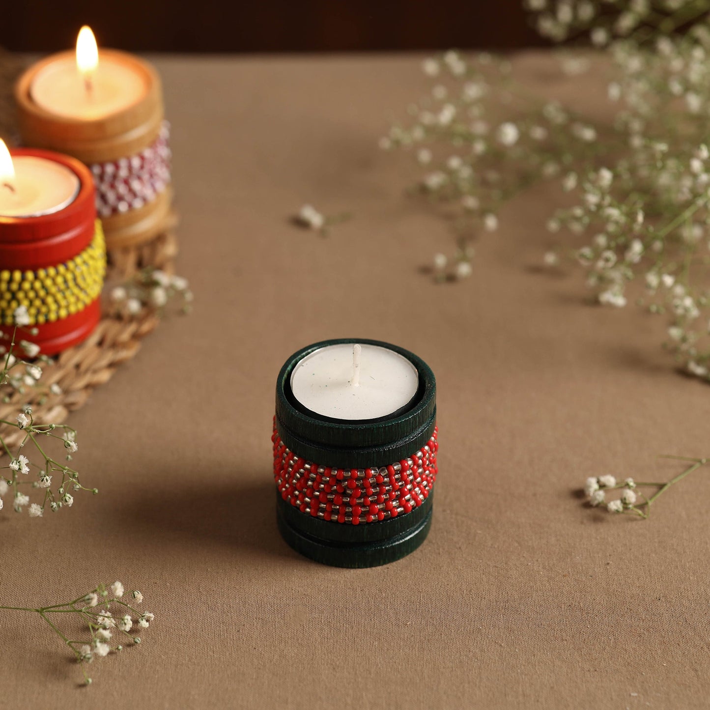 Handmade Bead Work Natural Bamboo Tealight Candle Holder Online in India l iTokri.com