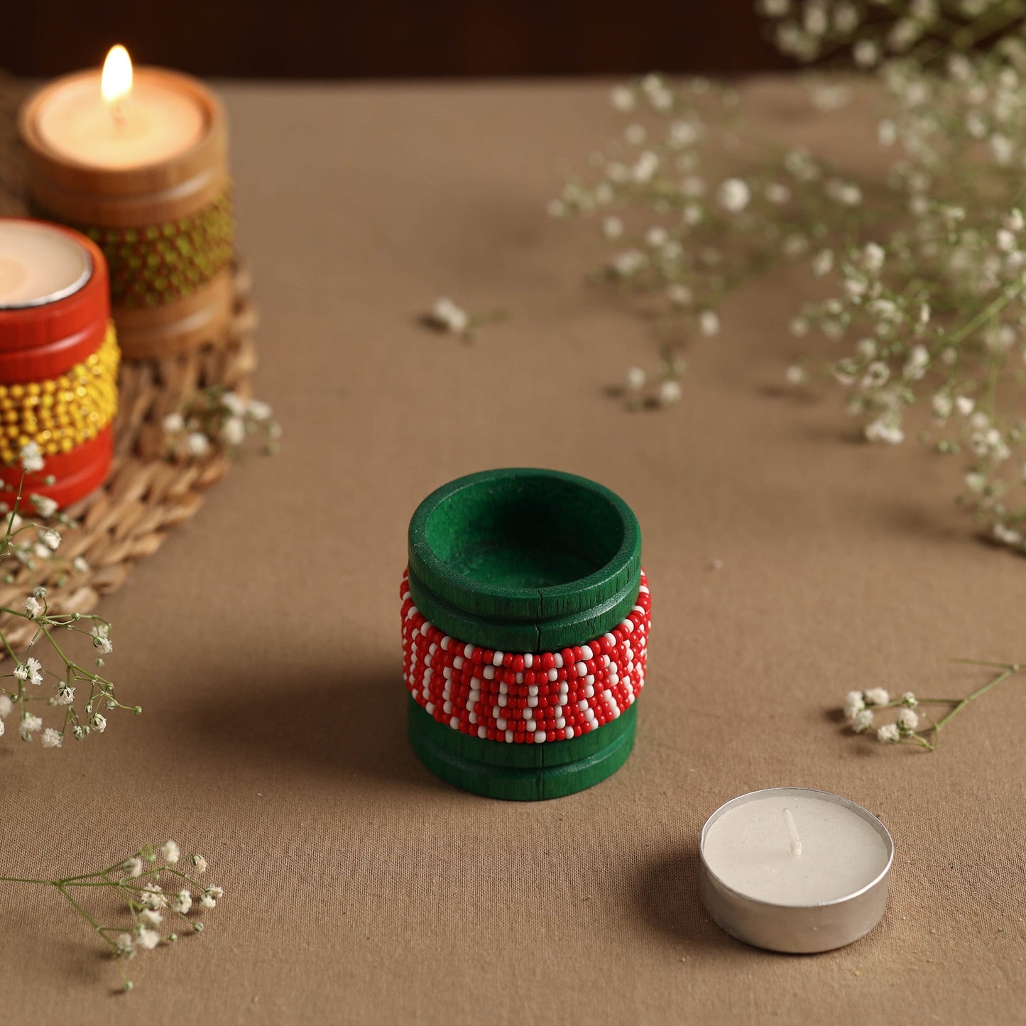 Handmade Bead Work Natural Bamboo Tealight Candle Holder Online in India l iTokri.com