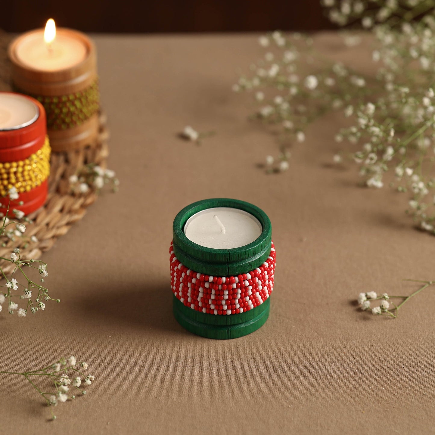 Handmade Bead Work Natural Bamboo Tealight Candle Holder Online in India l iTokri.com