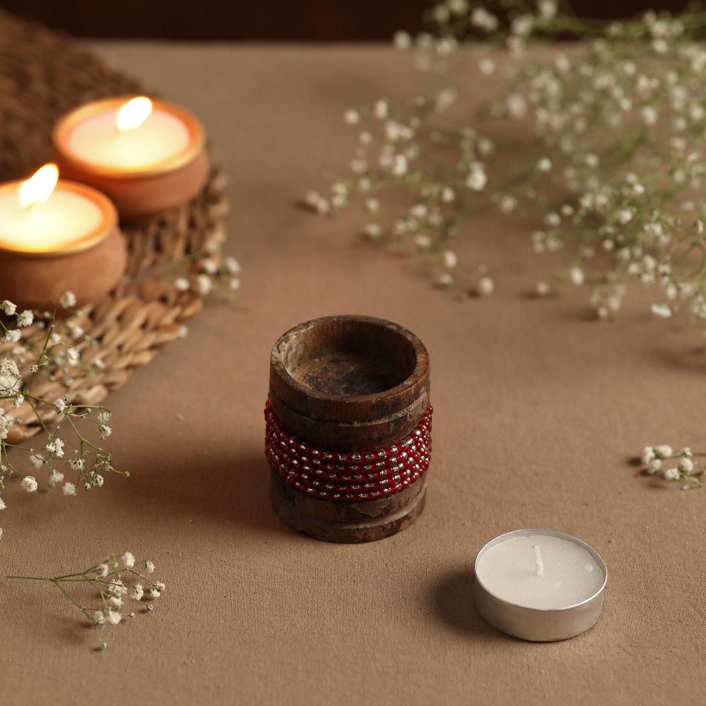 Handmade Bead Work Natural Bamboo Tealight Candle Holder Online in India l iTokri.com
