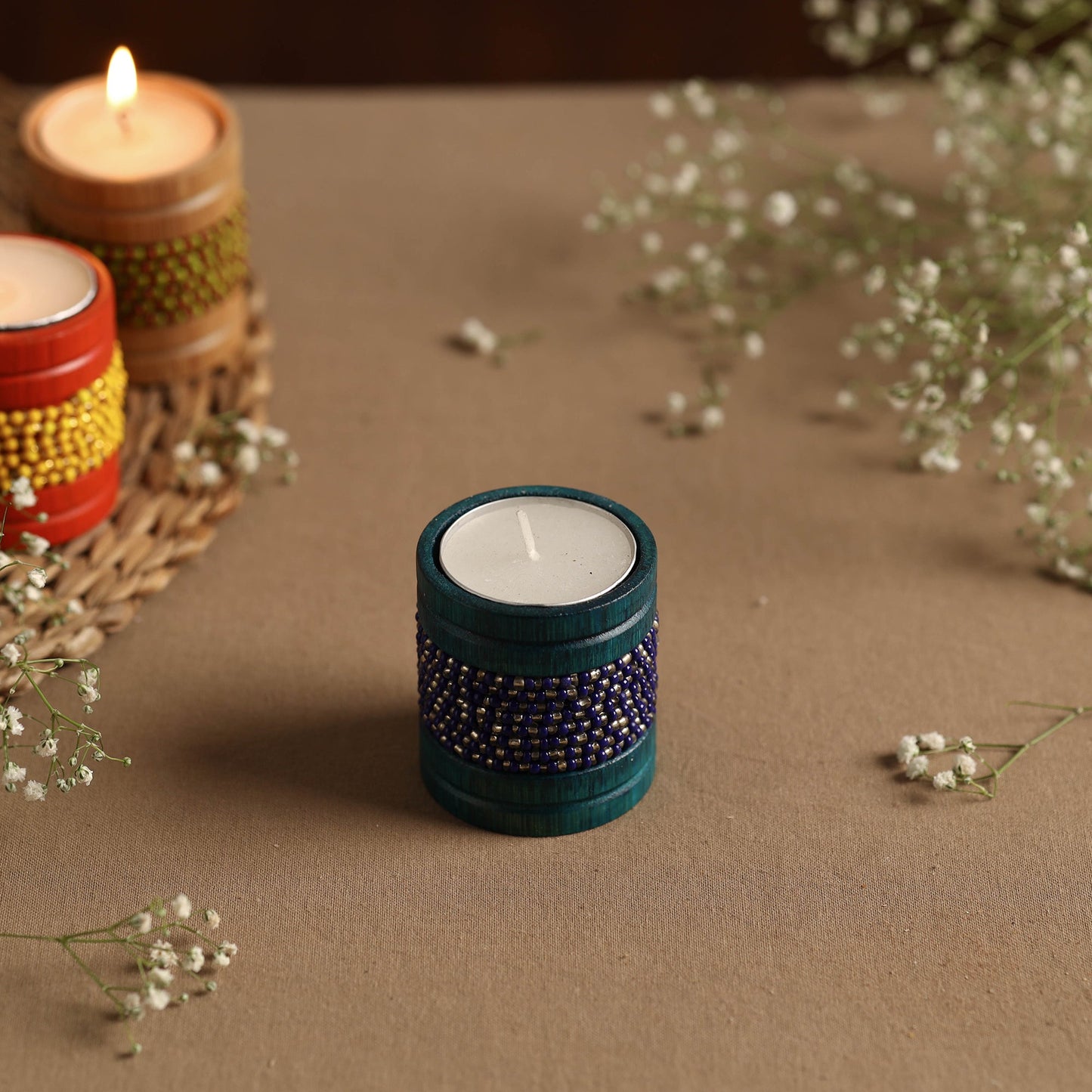 Handmade Bead Work Natural Bamboo Tealight Candle Holder Online in India l iTokri.com