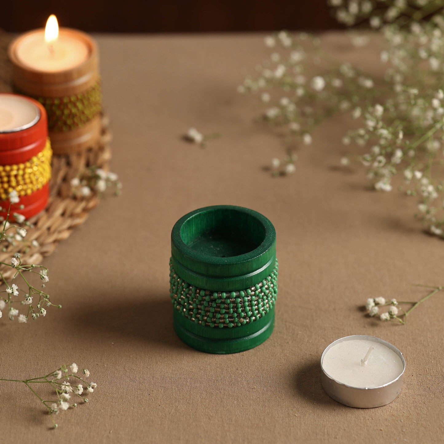 Handmade Bead Work Natural Bamboo Tealight Candle Holder Online in India l iTokri.com