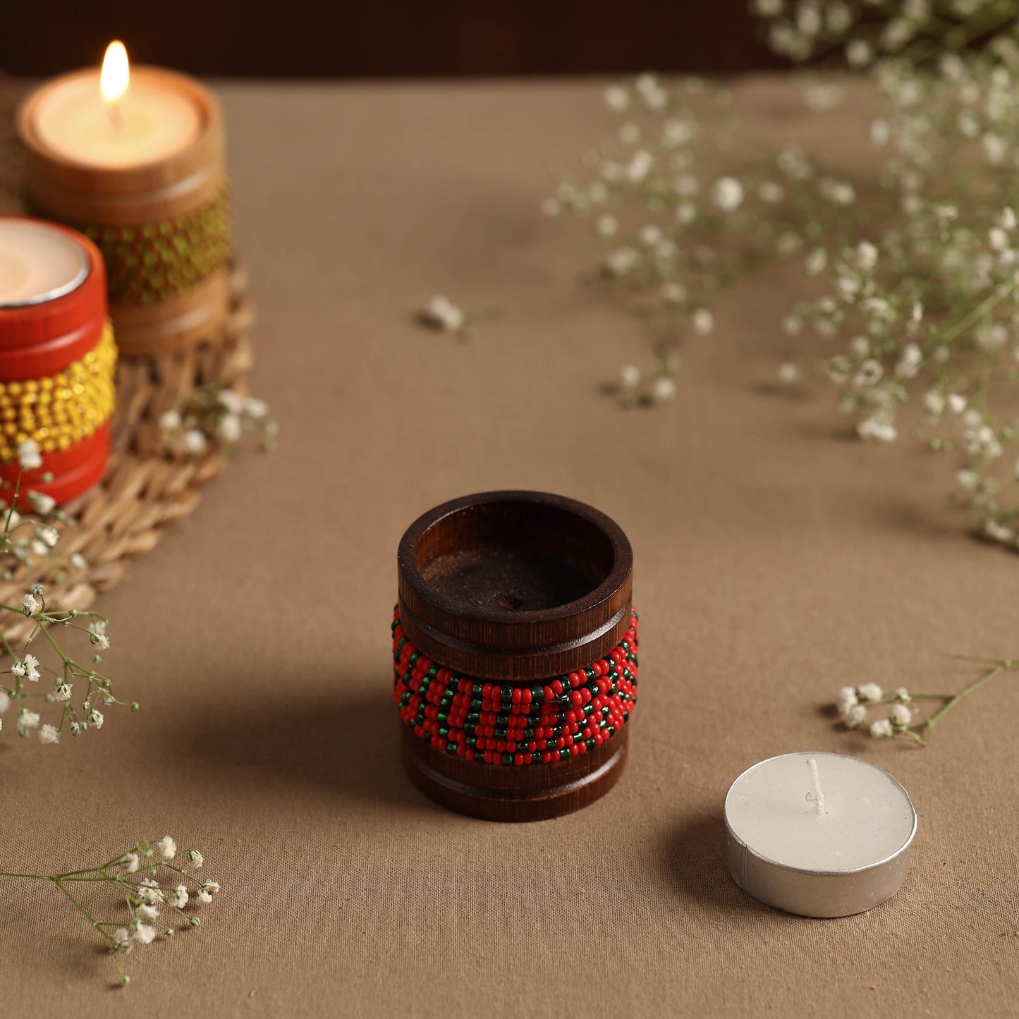 Handmade Bead Work Natural Bamboo Tealight Candle Holder Online in India l iTokri.com