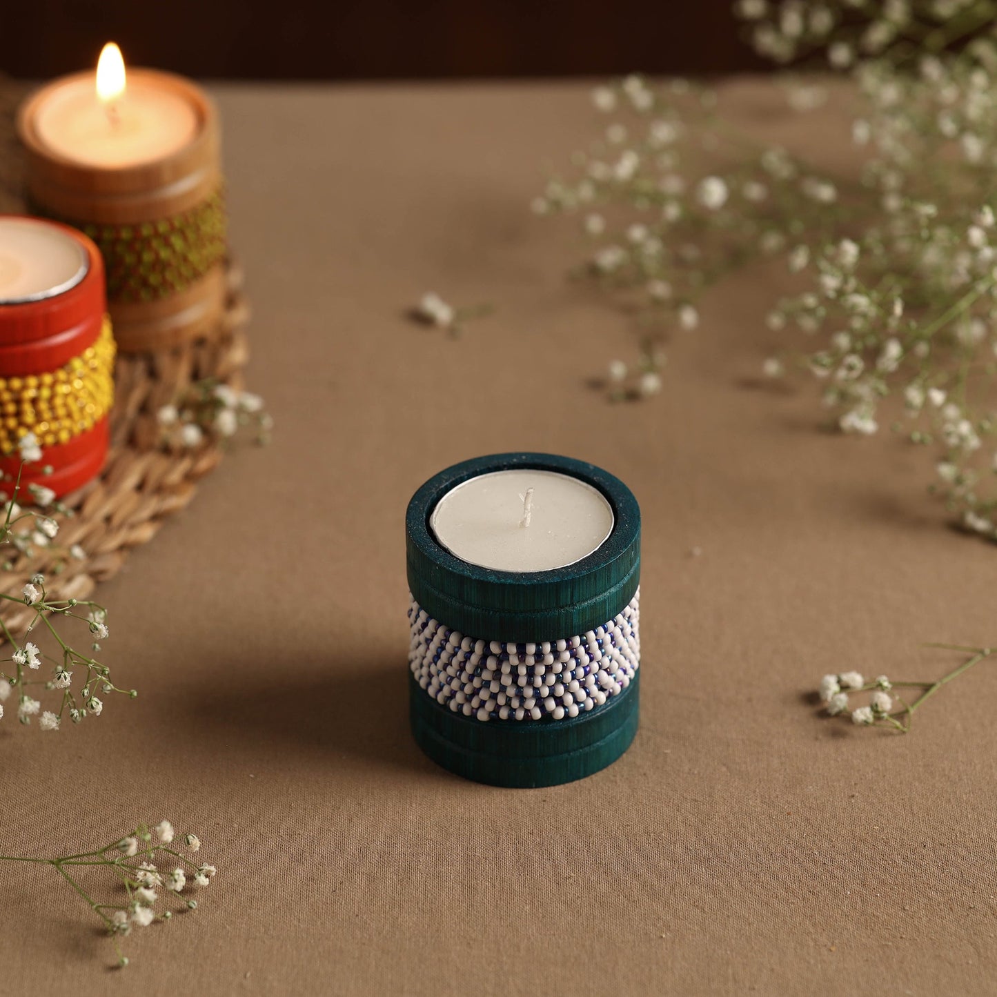 Handmade Bead Work Natural Bamboo Tealight Candle Holder Online in India l iTokri.com
