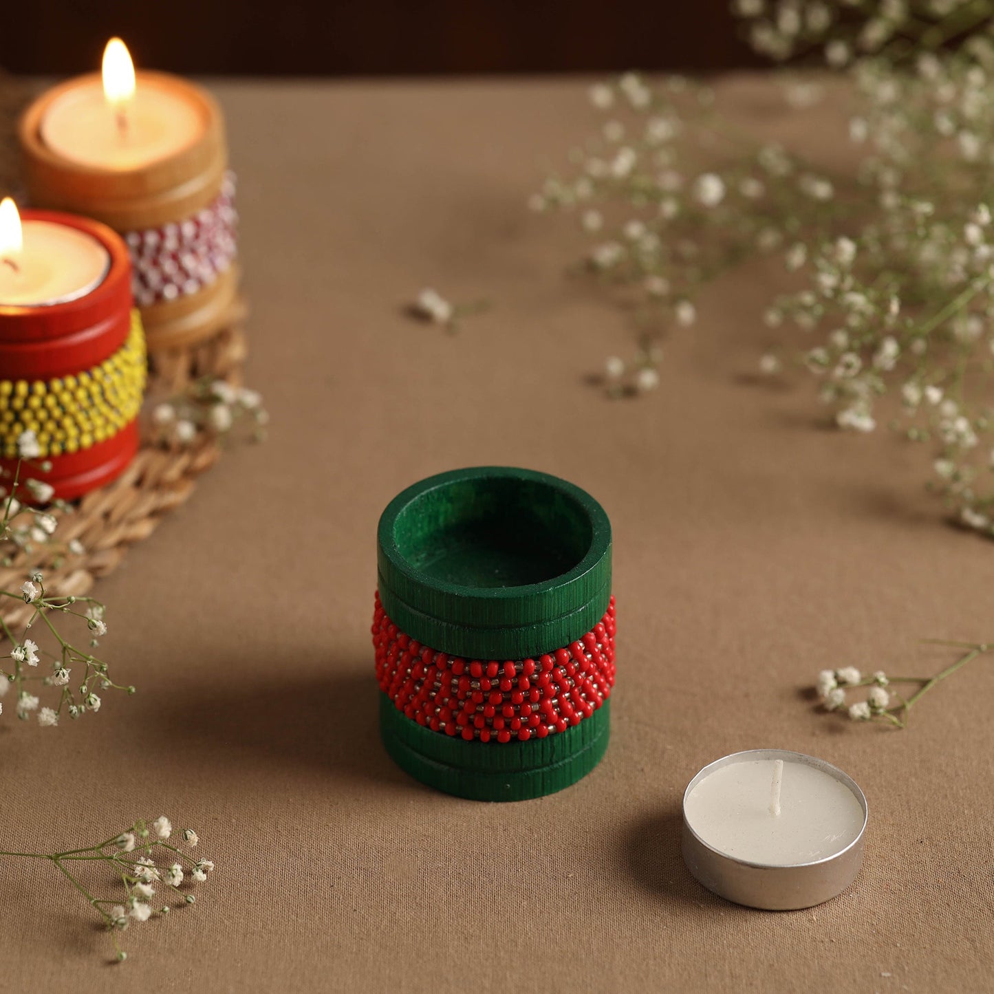Handmade Bead Work Natural Bamboo Tealight Candle Holder Online in India l iTokri.com