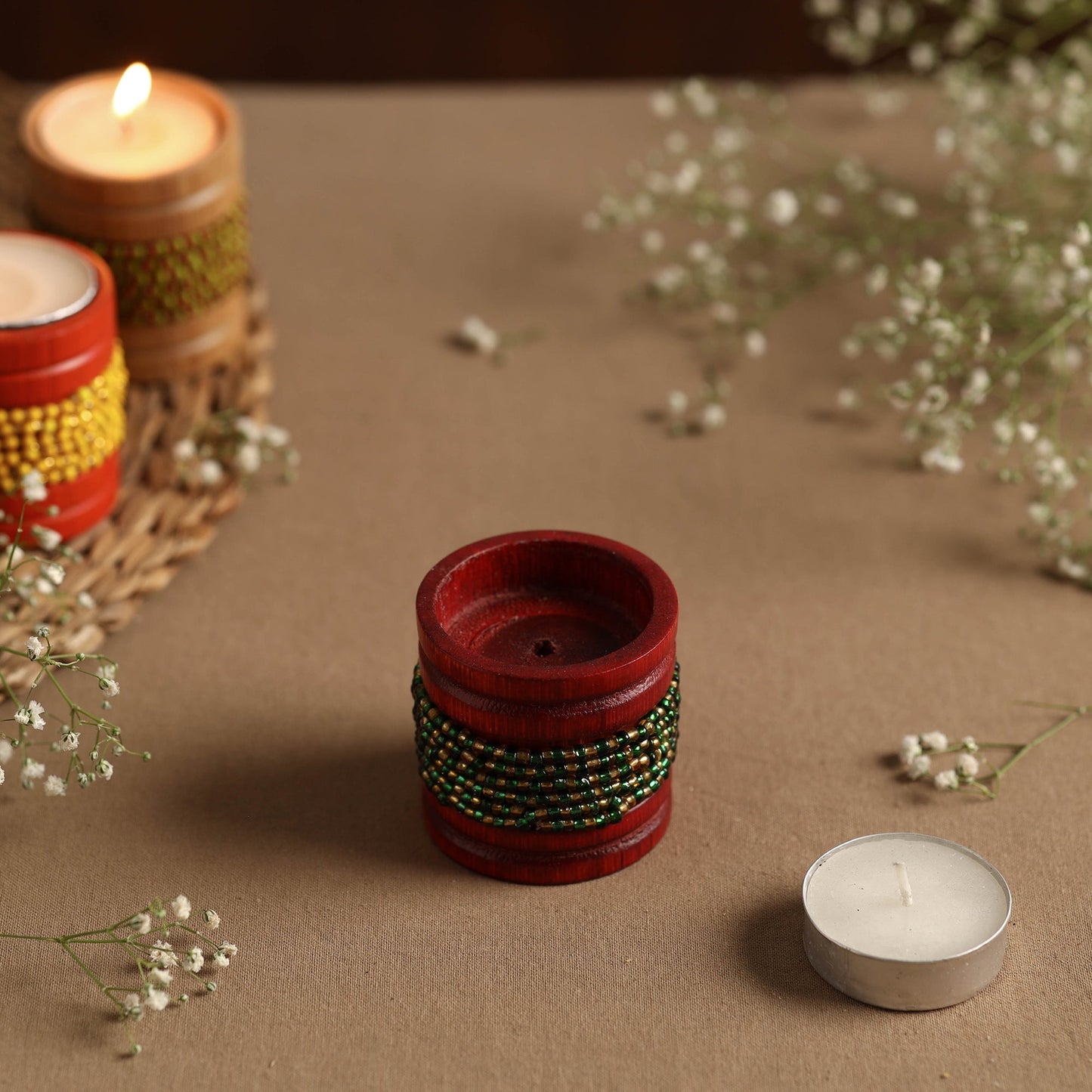 Handmade Bead Work Natural Bamboo Tealight Candle Holder Online in India l iTokri.com