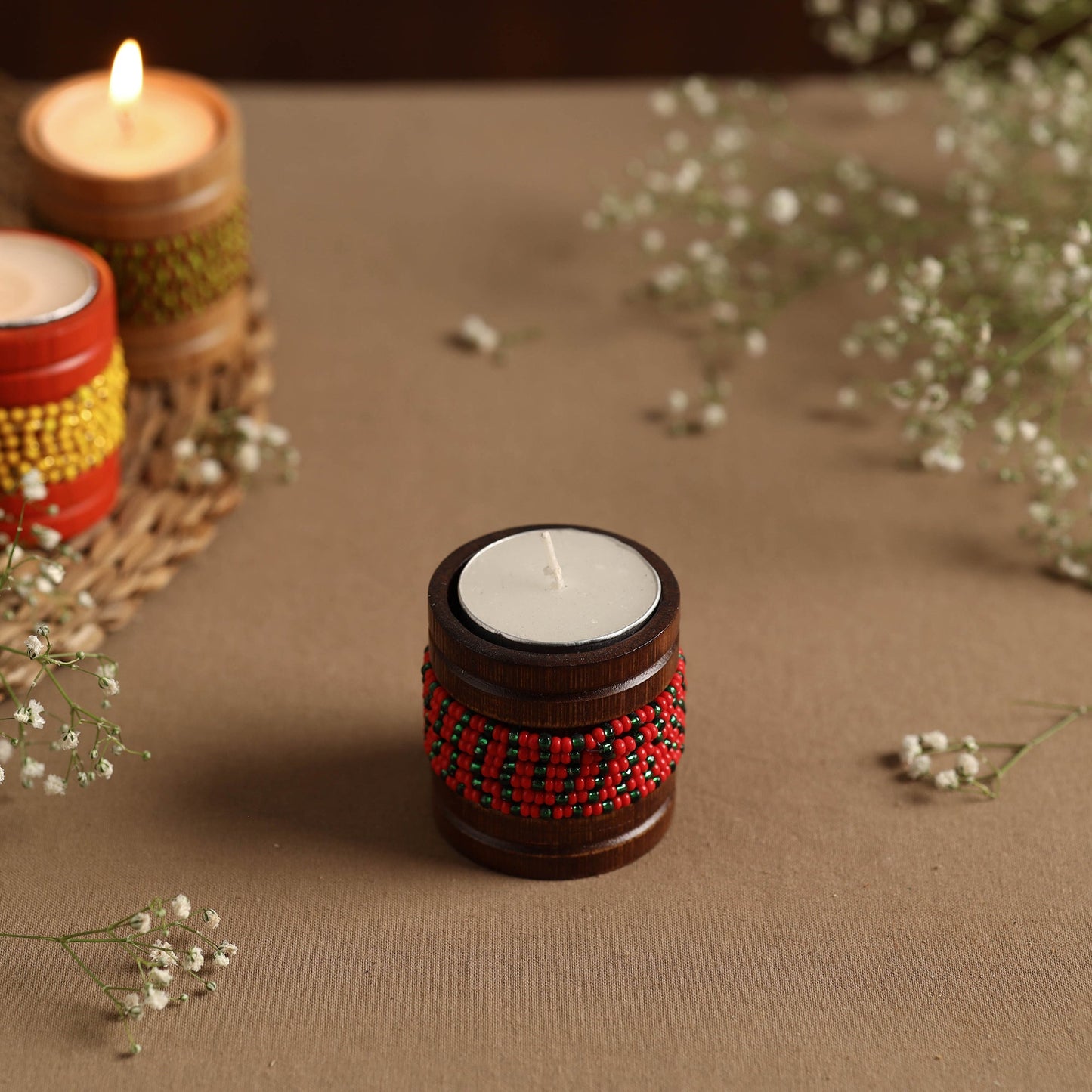 Handmade Bead Work Natural Bamboo Tealight Candle Holder Online in India l iTokri.com