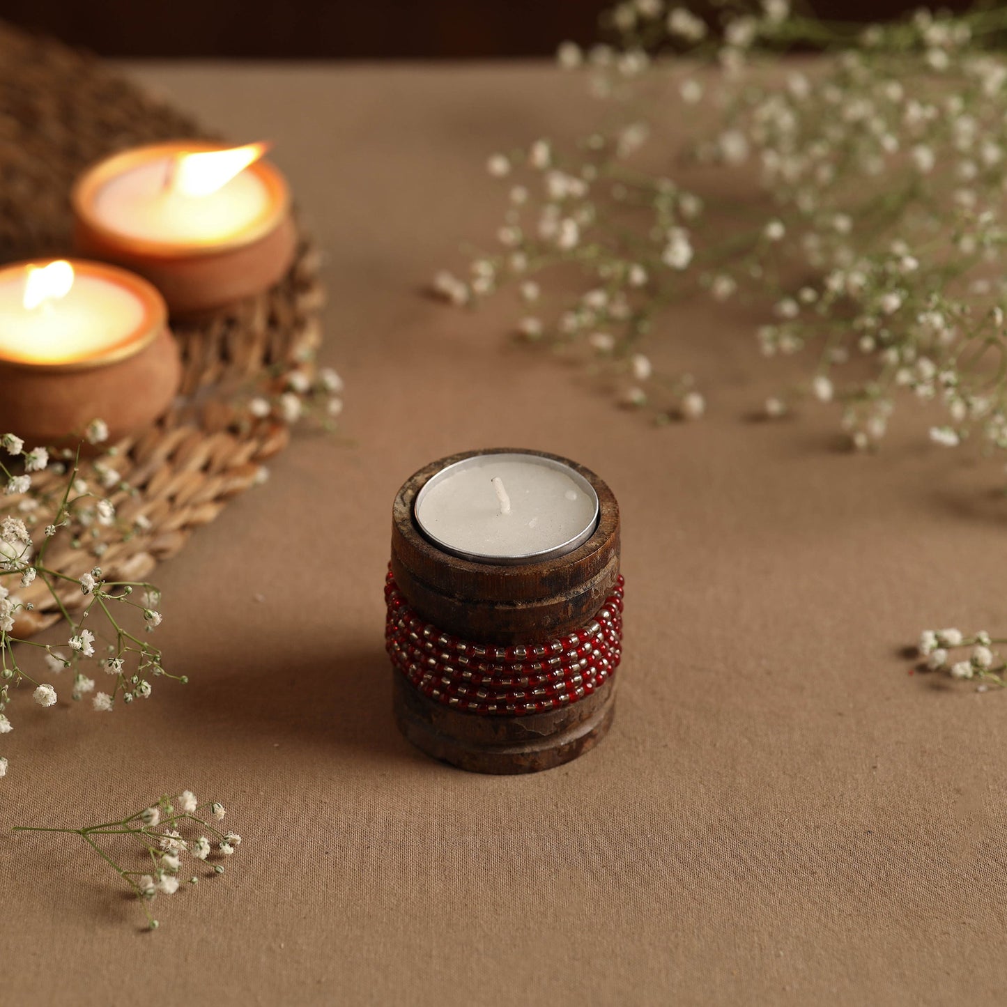 Handmade Bead Work Natural Bamboo Tealight Candle Holder Online in India l iTokri.com