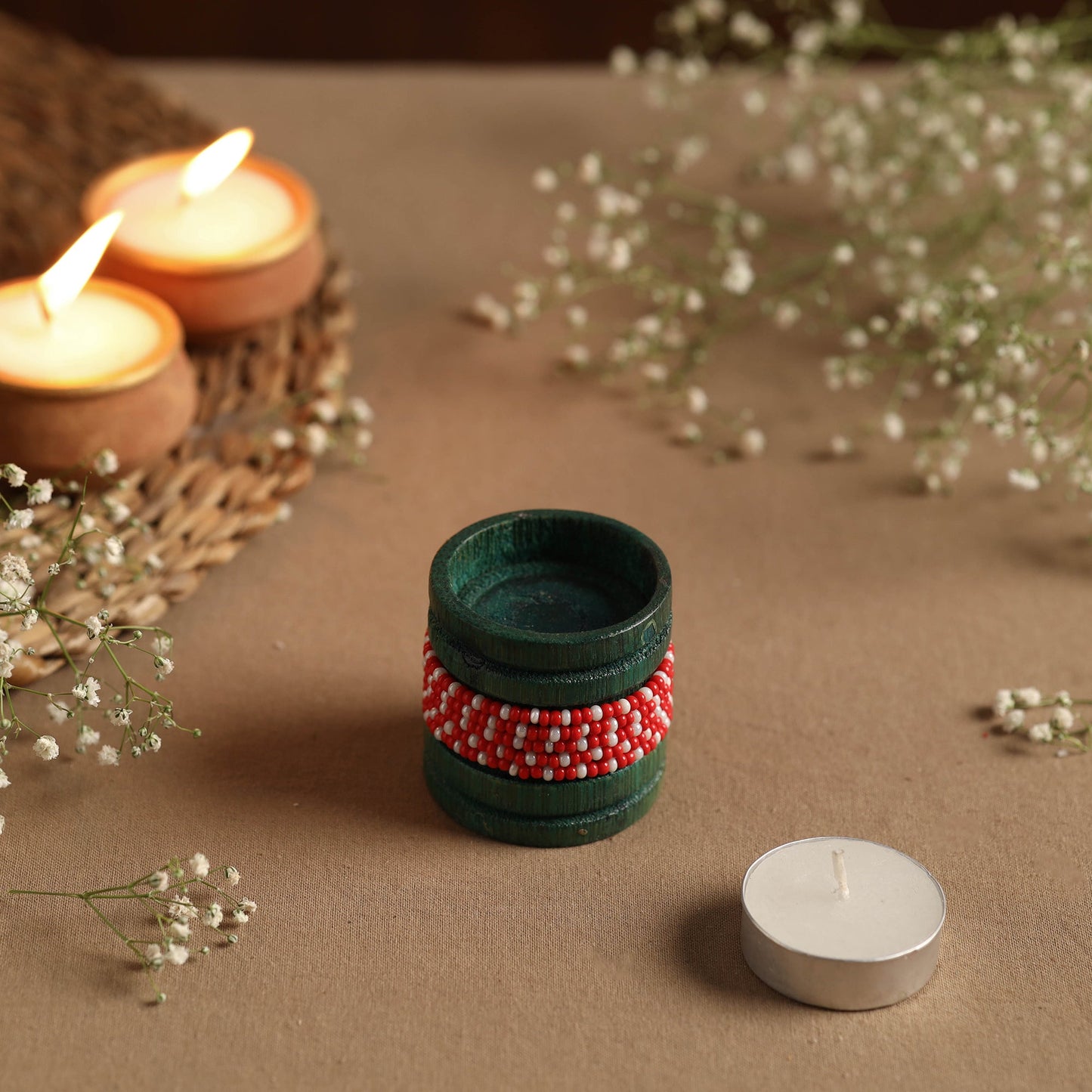 Handmade Bead Work Natural Bamboo Tealight Candle Holder Online in India l iTokri.com
