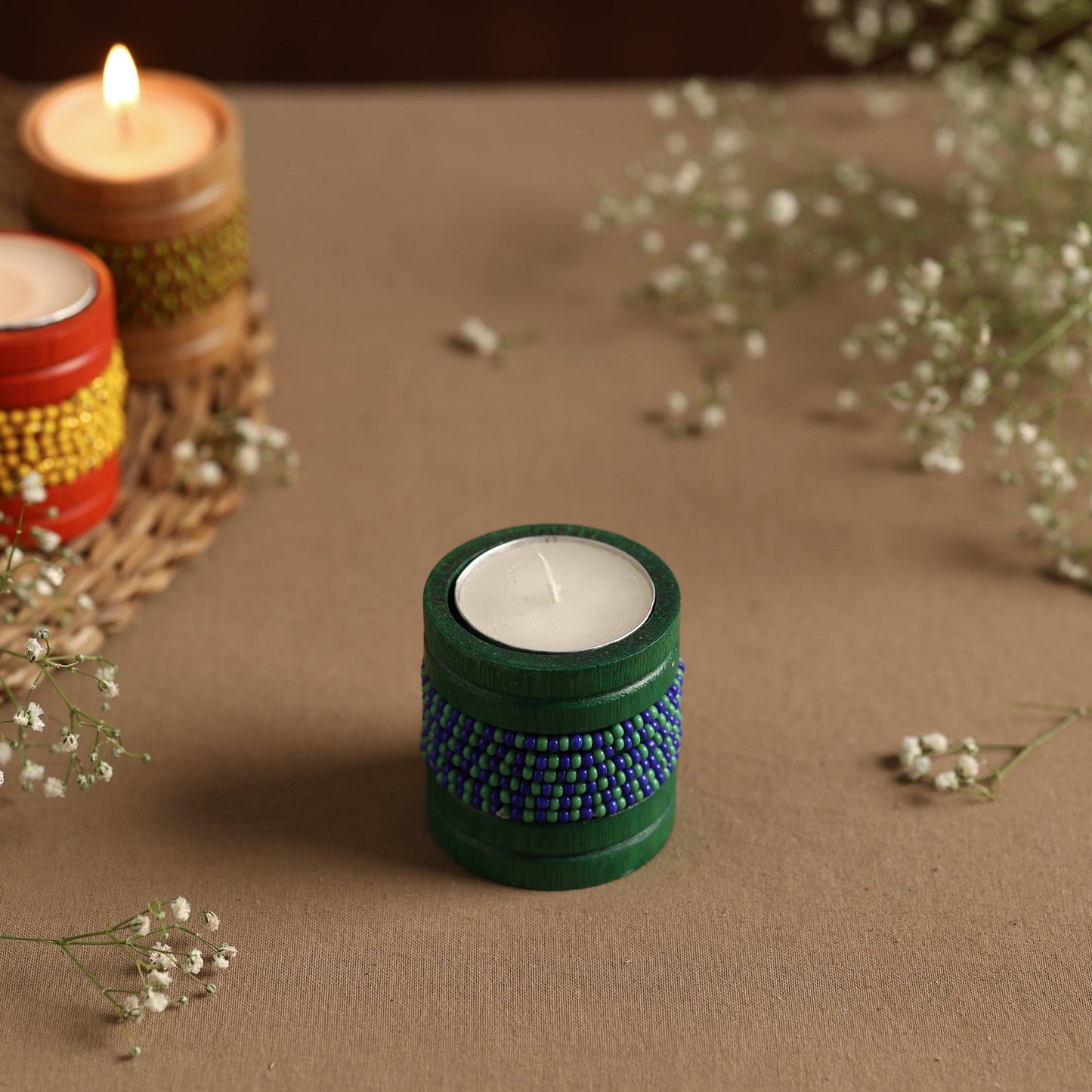 Handmade Bead Work Natural Bamboo Tealight Candle Holder Online in India l iTokri.com